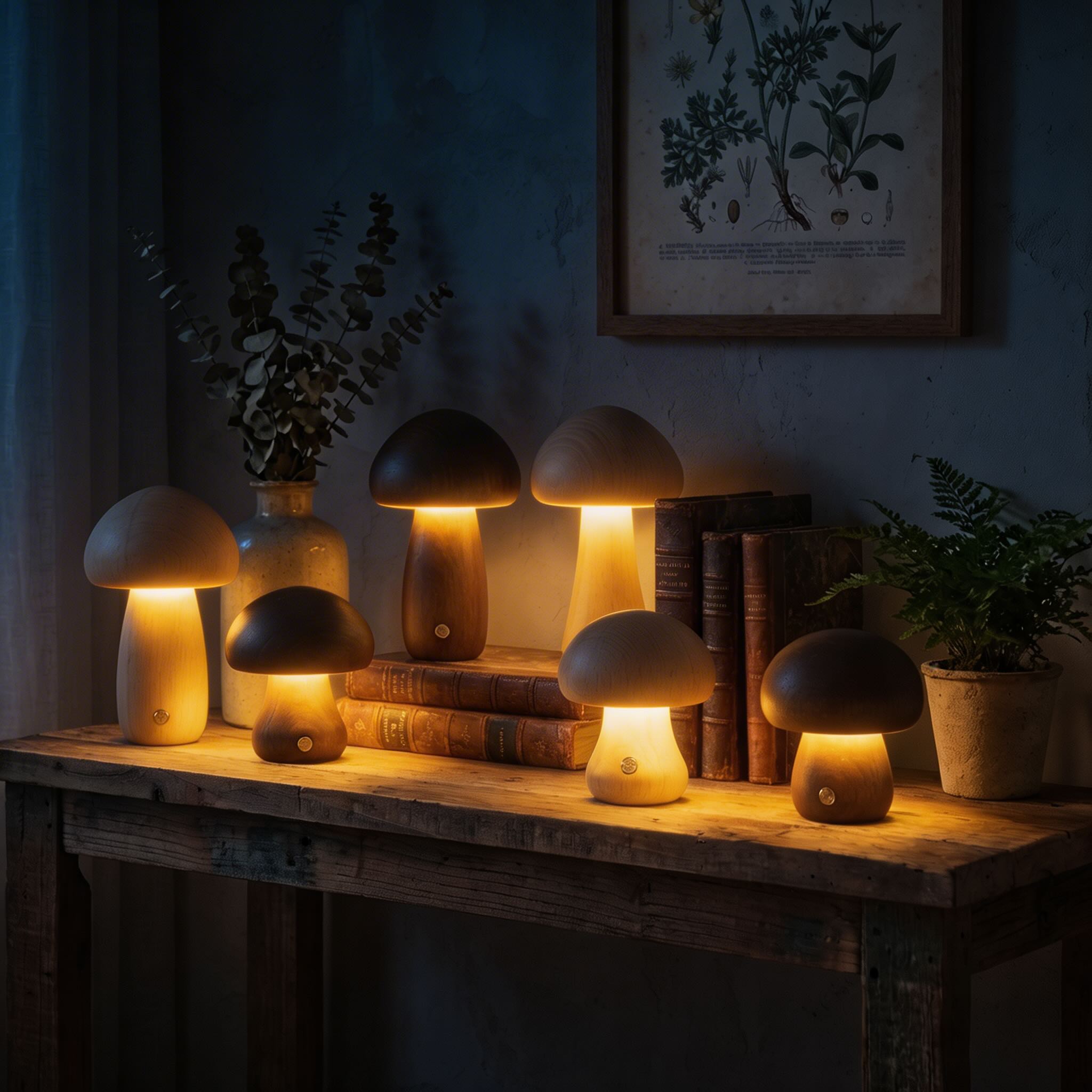 Modern Mushroom Table Lamp Battery Operated Touch Activated Wooden Nightstand Lamp Adjustable Brightness | ribuella