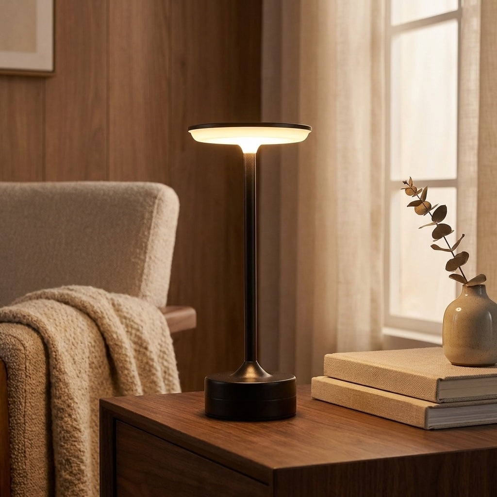 Moderní přenosná stolní LED lampa s dotykovým senzorem, akrylátovým a kovovým designem, USB nabíjením a bezdrátovým provozem | ribuella