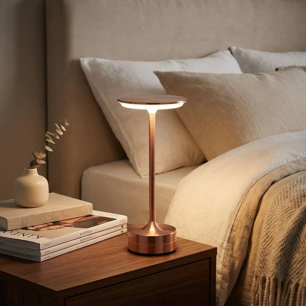 Moderní přenosná stolní LED lampa s dotykovým senzorem, akrylátovým a kovovým designem, USB nabíjením a bezdrátovým provozem | ribuella
