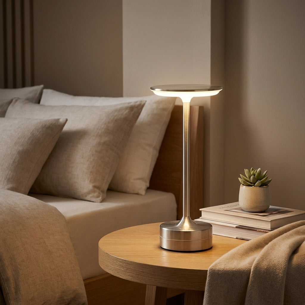 Moderní přenosná stolní LED lampa s dotykovým senzorem, akrylátovým a kovovým designem, USB nabíjením a bezdrátovým provozem | ribuella