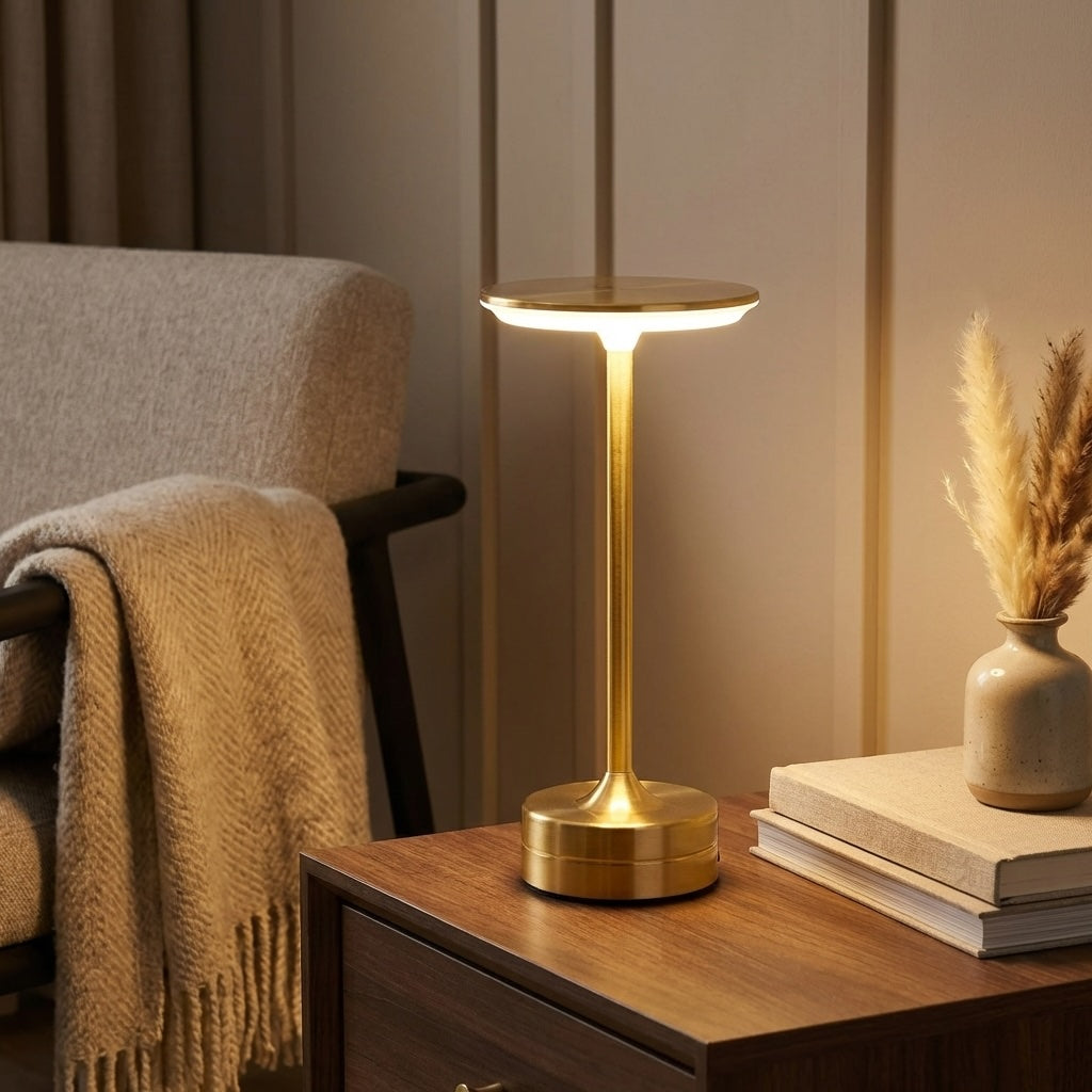 Moderní přenosná stolní LED lampa s dotykovým senzorem, akrylátovým a kovovým designem, USB nabíjením a bezdrátovým provozem | ribuella