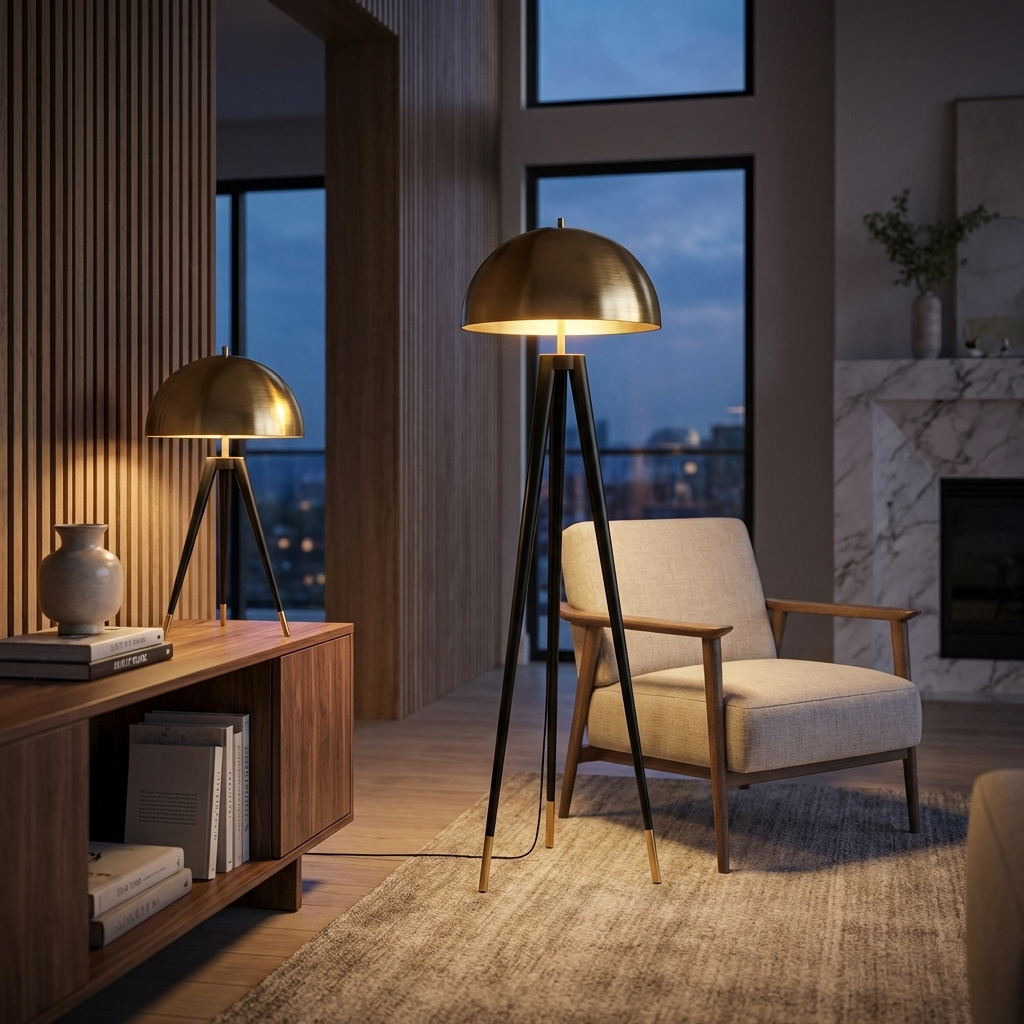 Moderne Dreibein-Stehlampe aus goldfarbenem Eisen mit LED-Licht für das Wohnzimmer | ribuella