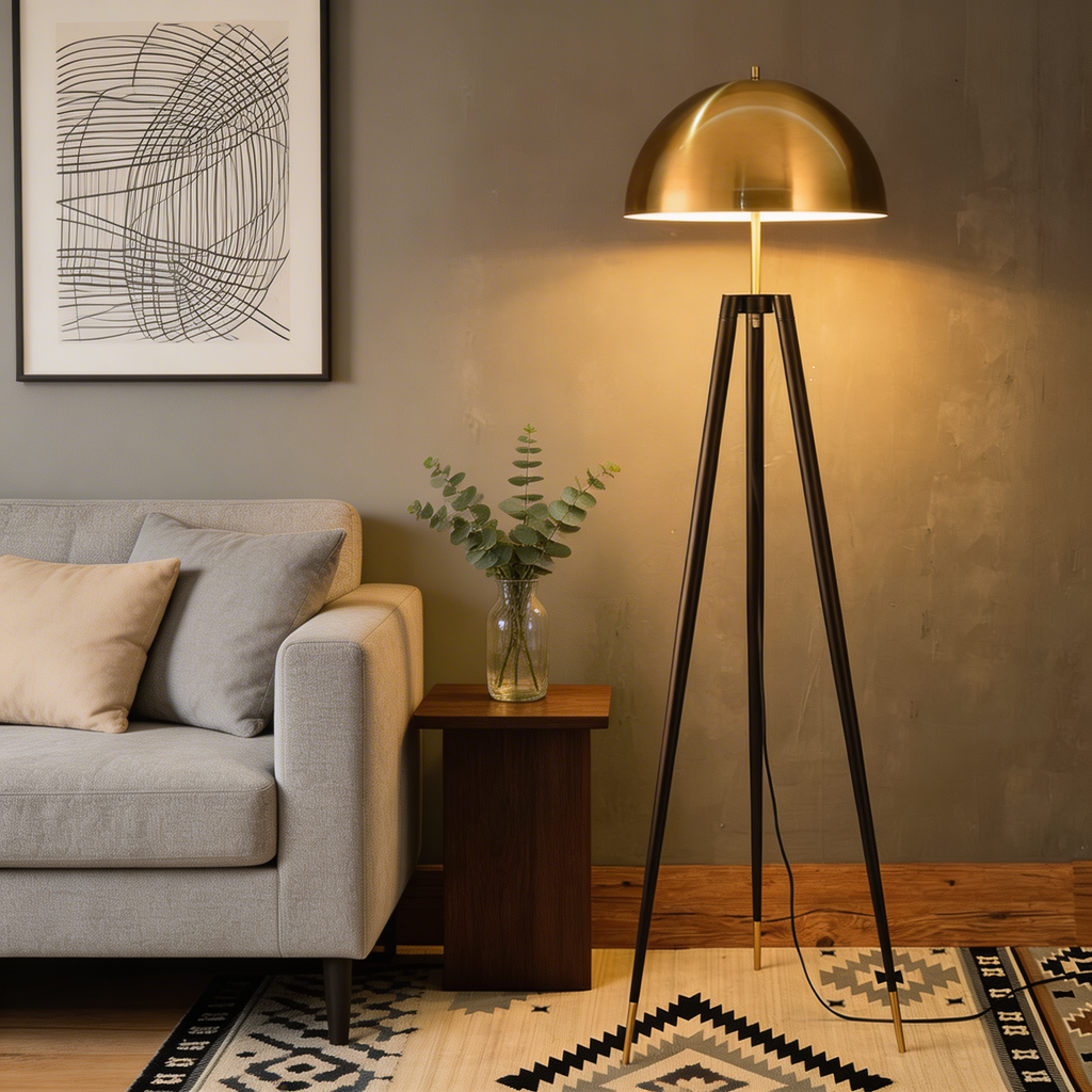 Moderne Dreibein-Stehlampe aus goldfarbenem Eisen mit LED-Licht für das Wohnzimmer | ribuella