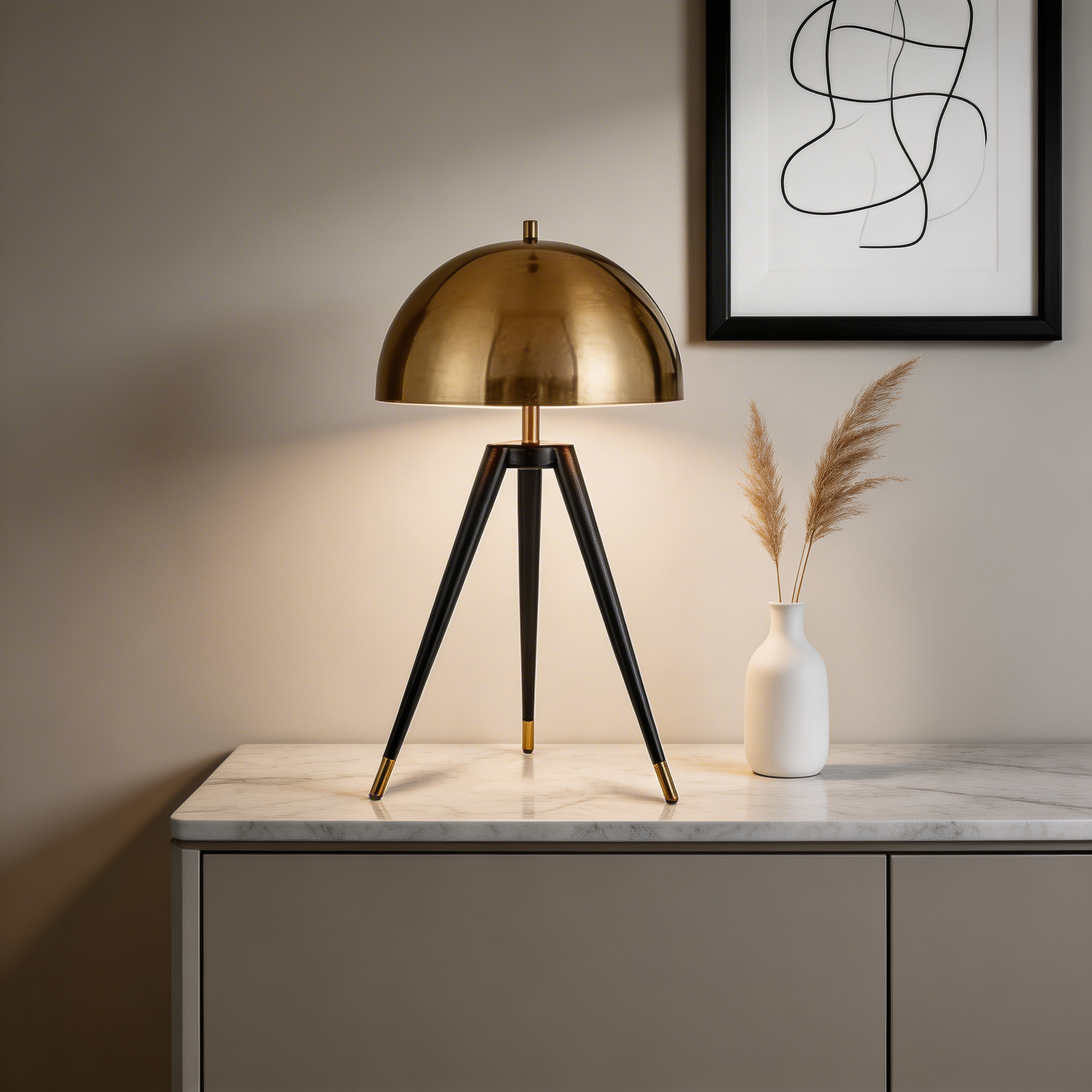 Moderne Dreibein-Stehlampe aus goldfarbenem Eisen mit LED-Licht für das Wohnzimmer | ribuella