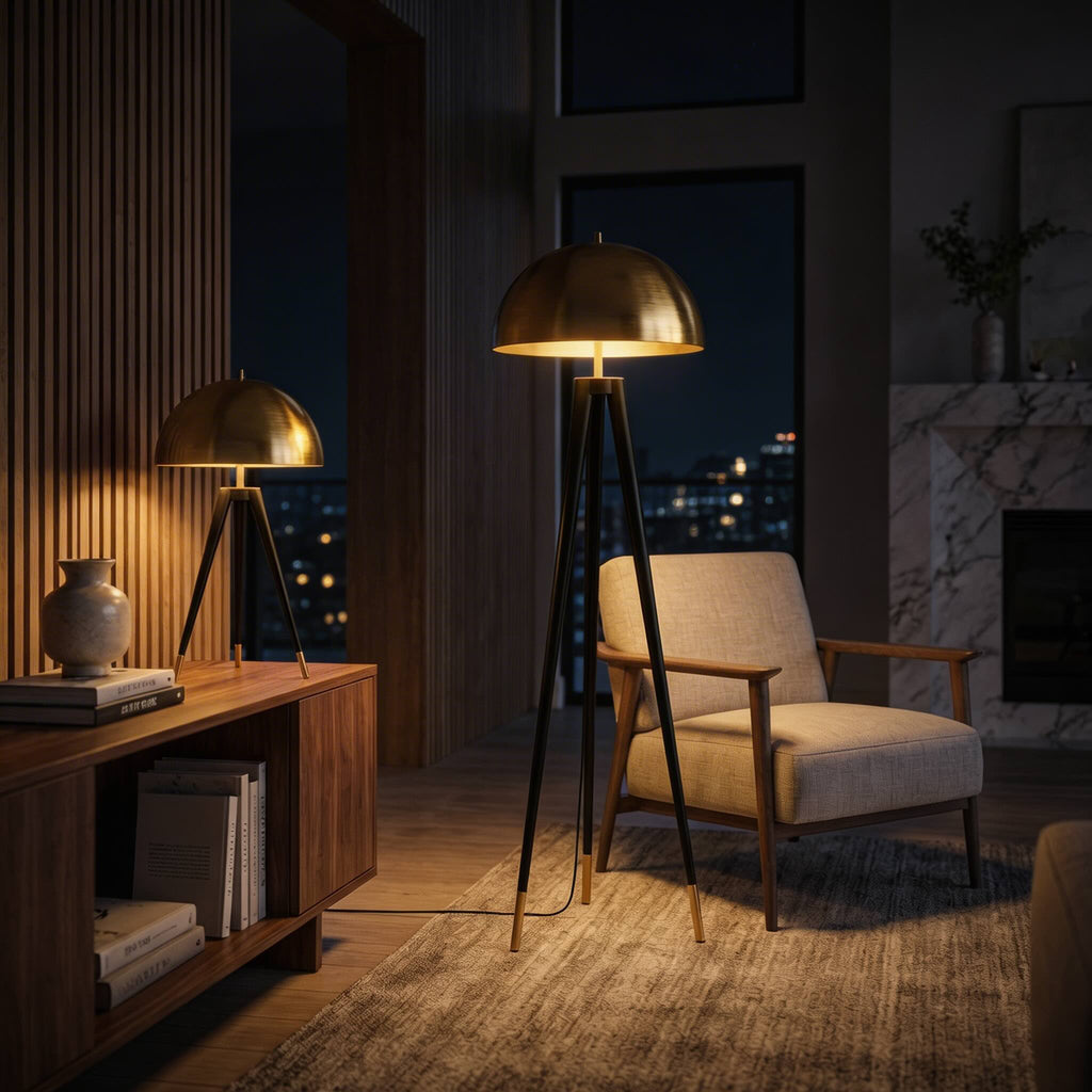 Moderne Dreibein-Stehlampe aus goldfarbenem Eisen mit LED-Licht für das Wohnzimmer | ribuella