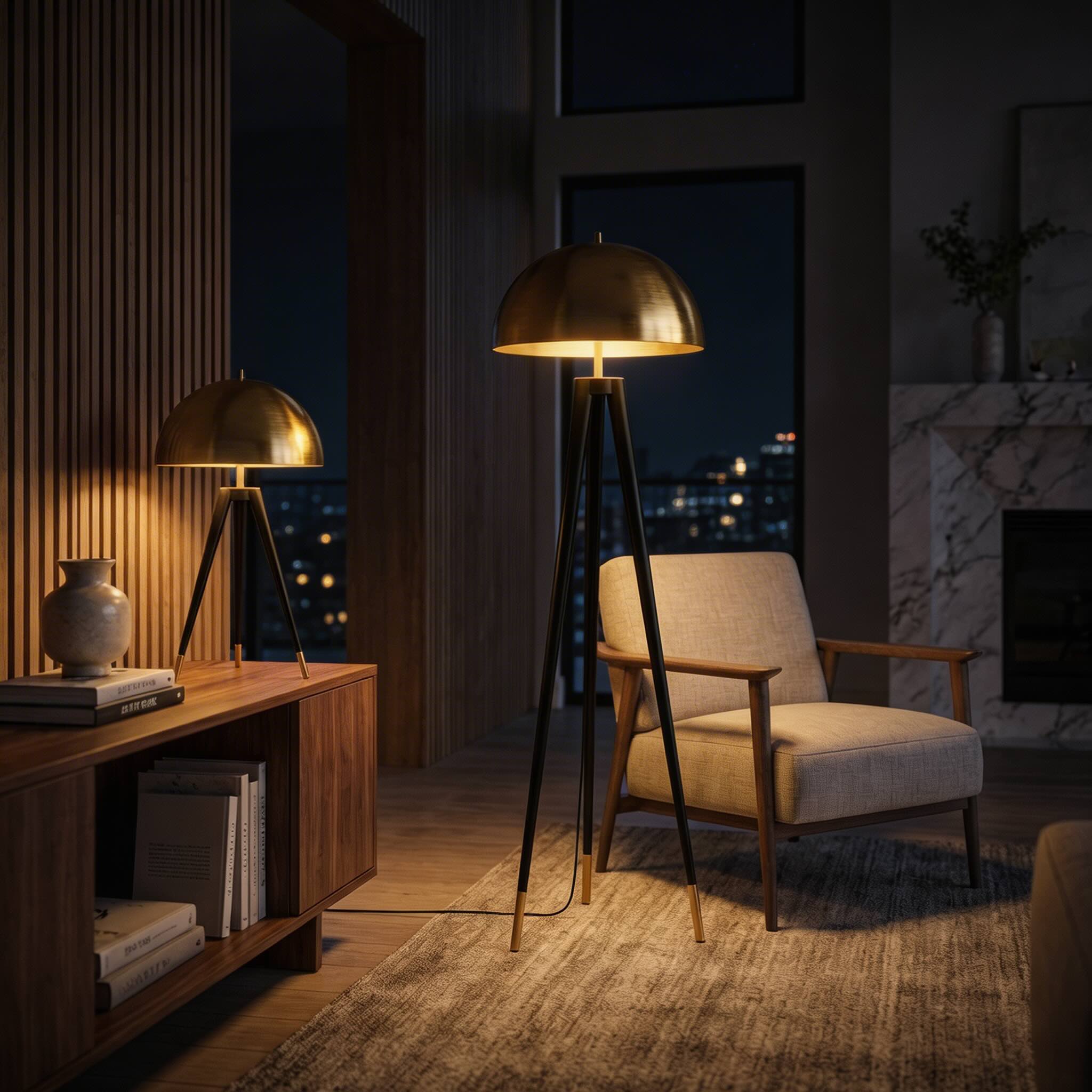 Moderne Dreibein-Stehlampe aus goldfarbenem Eisen mit LED-Licht für das Wohnzimmer | ribuella