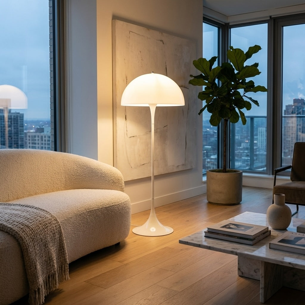 Moderní stojací lampa s nastavitelným akrylovým LED světlem pro ambientní osvětlení v bílé barvě | ribuella