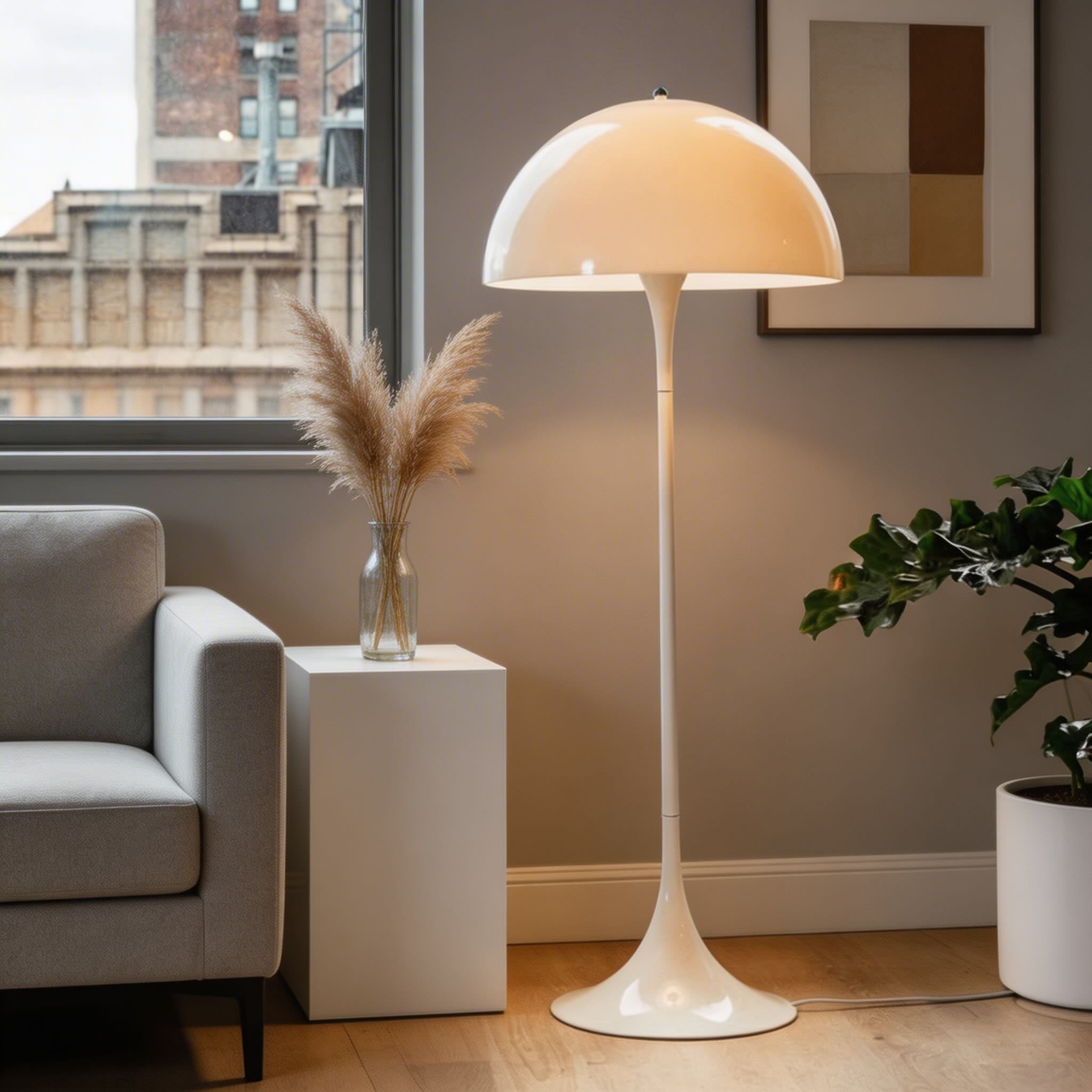 Moderní stojací lampa s nastavitelným akrylovým LED světlem pro ambientní osvětlení v bílé barvě | ribuella