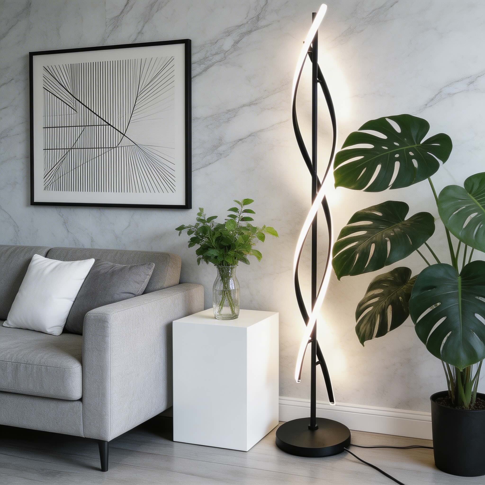 Moderní stojací lampa s nastavitelným hliníkovým LED světlem a 360° osvětlením do obývacího pokoje | ribuella