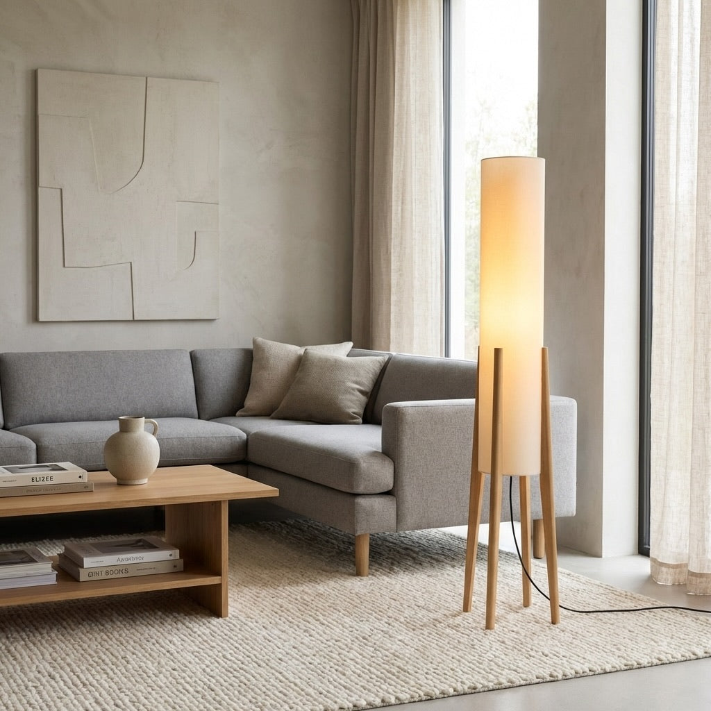 Moderní stojací lampa s nastavitelným tříbarevným LED světlem, podstavcem z přírodního dřeva a látkovým stínidlem do obývacího pokoje | ribuella