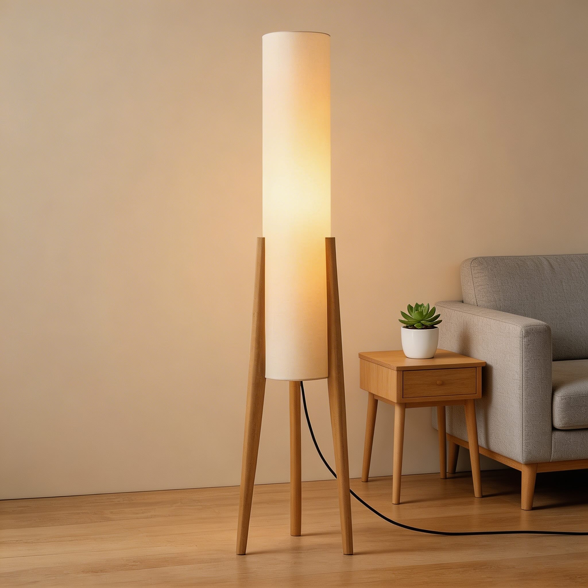 Moderní stojací lampa s nastavitelným tříbarevným LED světlem, podstavcem z přírodního dřeva a látkovým stínidlem do obývacího pokoje | ribuella