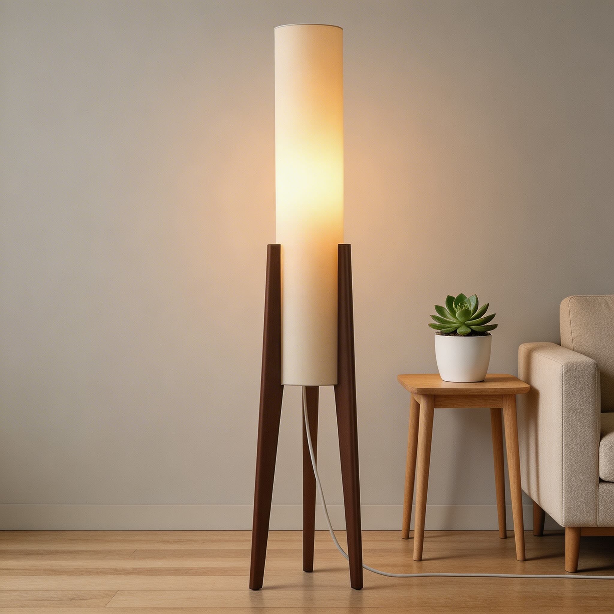 Moderní stojací lampa s nastavitelným tříbarevným LED světlem, podstavcem z přírodního dřeva a látkovým stínidlem do obývacího pokoje | ribuella