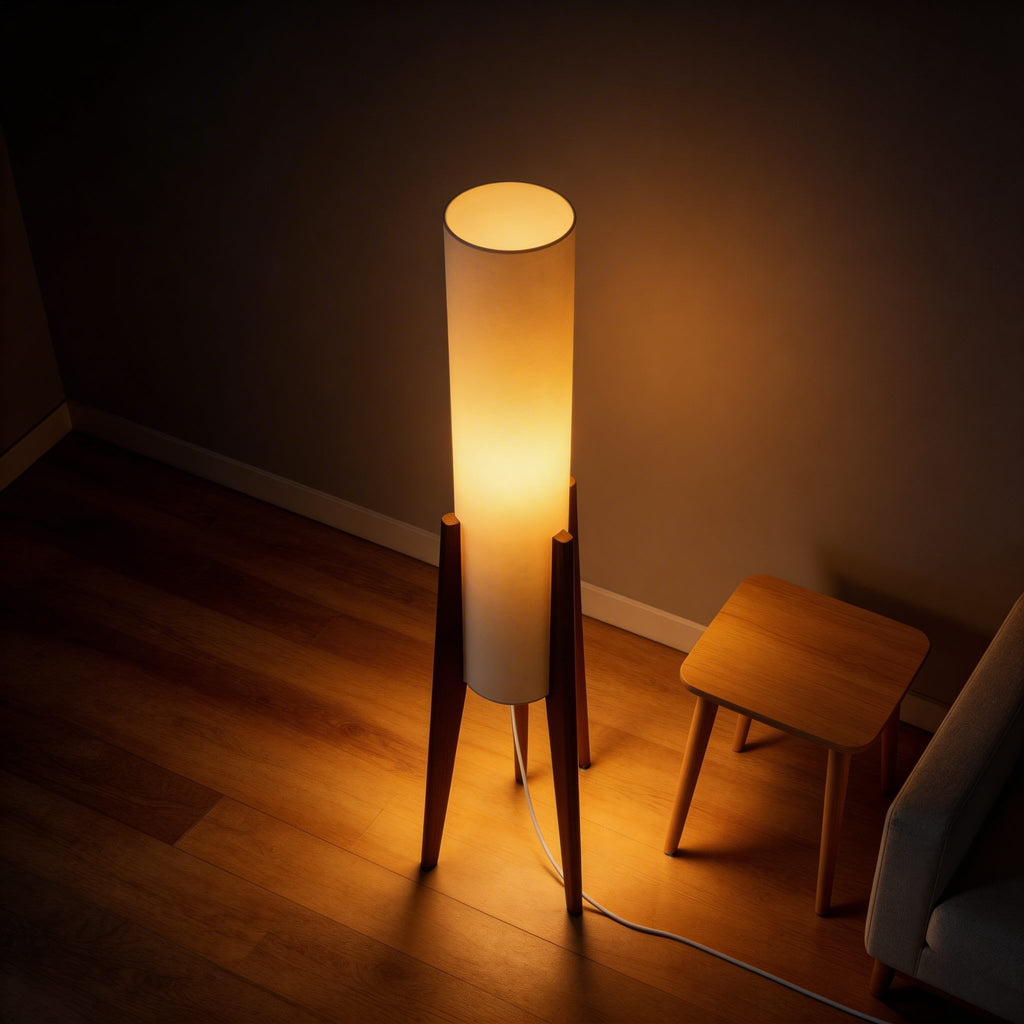Moderní stojací lampa s nastavitelným tříbarevným LED světlem, podstavcem z přírodního dřeva a látkovým stínidlem do obývacího pokoje | ribuella
