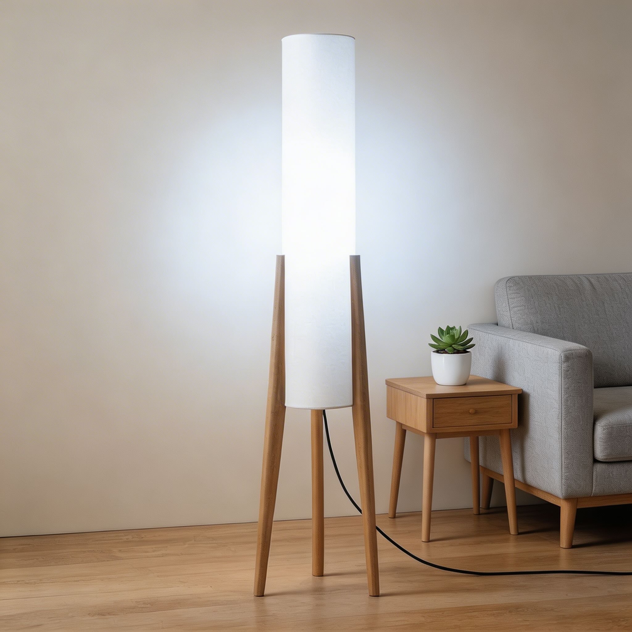 Moderní stojací lampa s nastavitelným tříbarevným LED světlem, podstavcem z přírodního dřeva a látkovým stínidlem do obývacího pokoje | ribuella