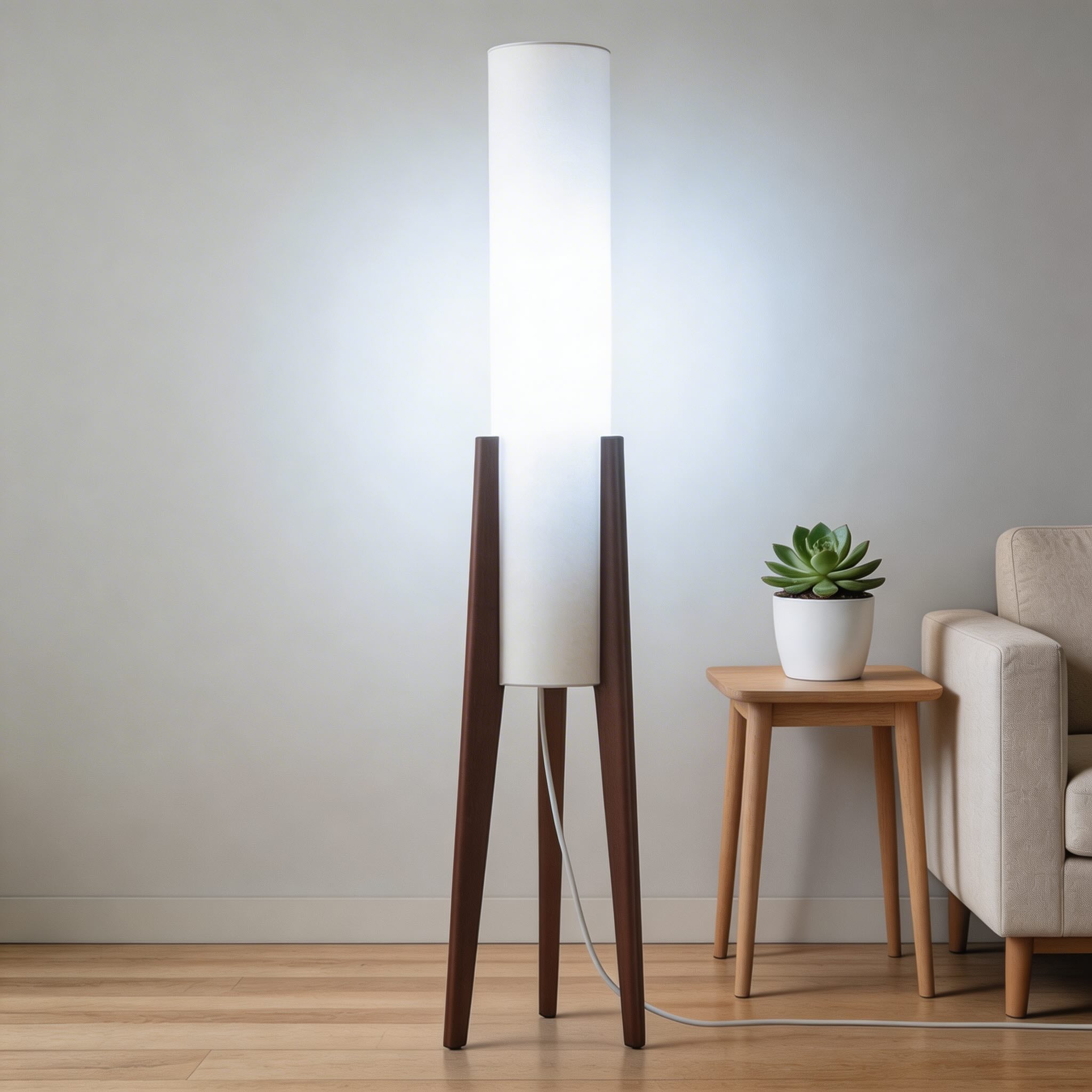 Moderní stojací lampa s nastavitelným tříbarevným LED světlem, podstavcem z přírodního dřeva a látkovým stínidlem do obývacího pokoje | ribuella