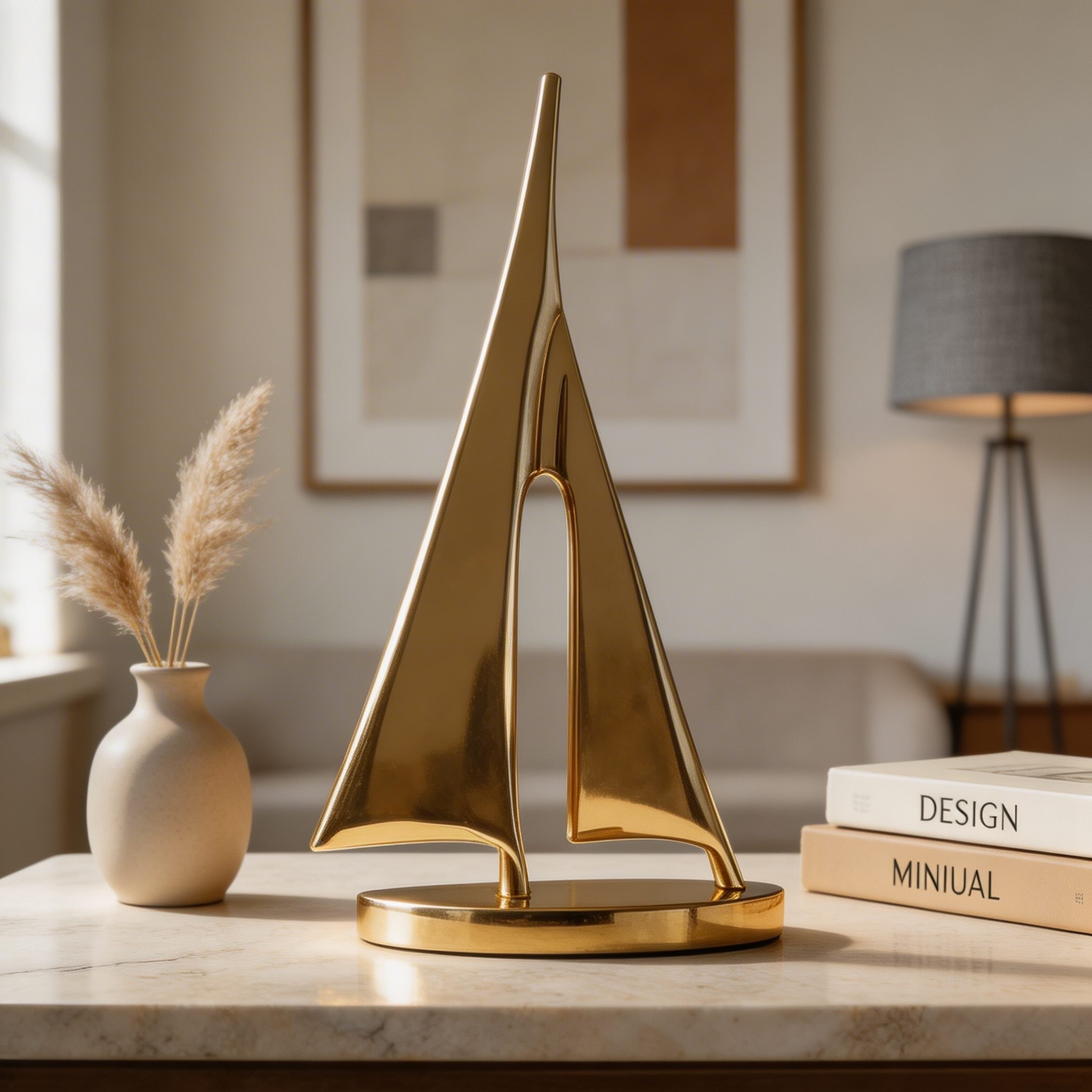 Modern Sailboat Sculpture Decorative Accent Copper Material Gold Finish 7.9 in Height | ribuella