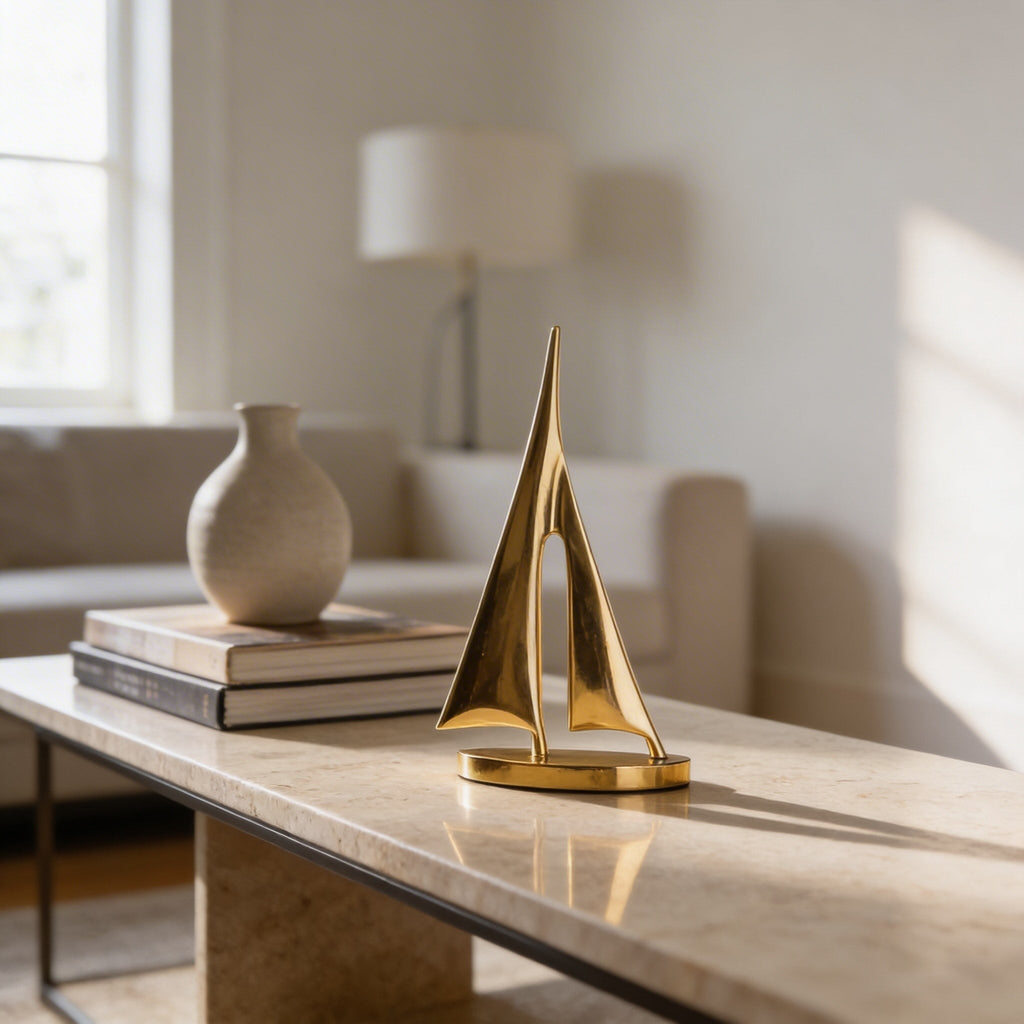 Modern Sailboat Sculpture Decorative Accent Copper Material Gold Finish 7.9 in Height | ribuella