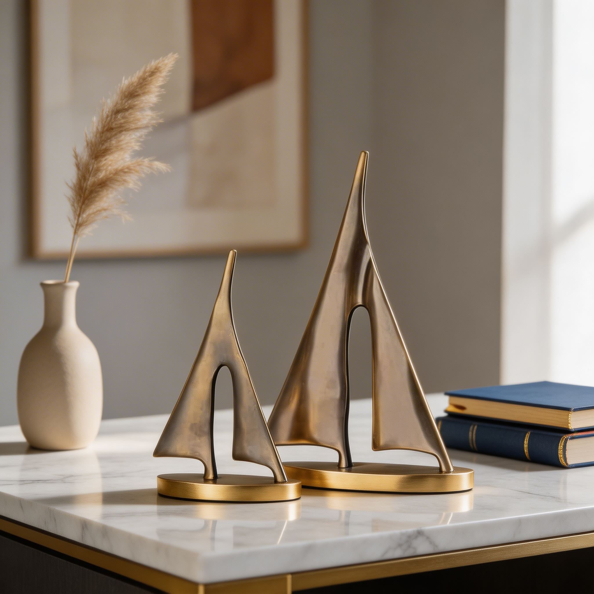 Modern Sailboat Sculpture Decorative Accent Copper Material Gold Finish 7.9 in Height | ribuella