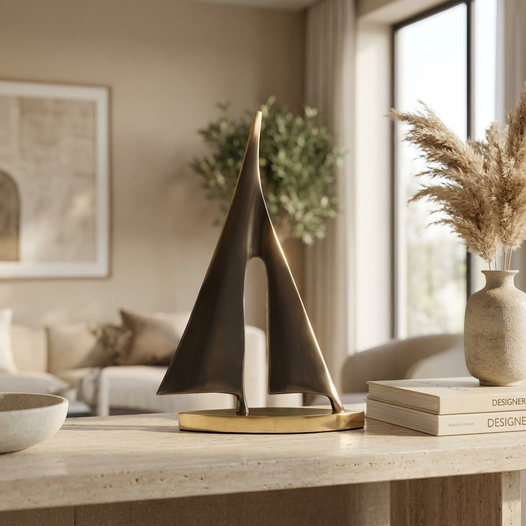 Modern Sailboat Sculpture Decorative Accent Copper Material Gold Finish 7.9 in Height | ribuella