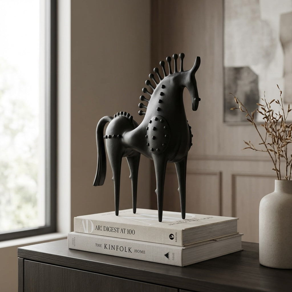 Modern Abstract Horse Statue Cast Iron Handmade Decorative Art Piece Black Finish | ribuella