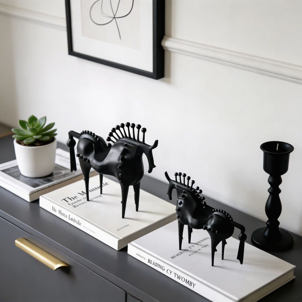 Modern Abstract Horse Statue Cast Iron Handmade Decorative Art Piece Black Finish | ribuella