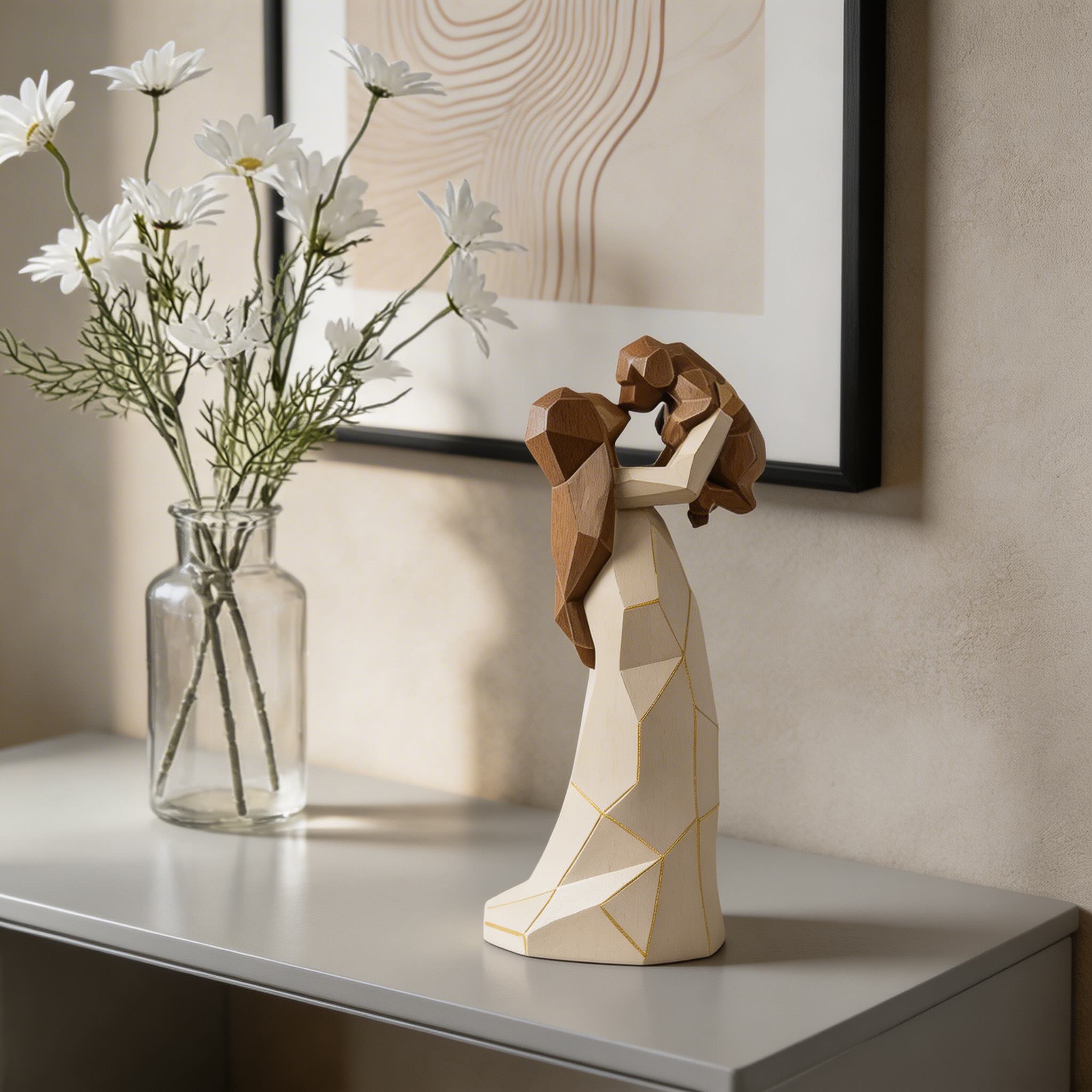 Geometric Resin Sculpture Cute Girl Hugging Dog Decorative Ornament for Home Desktop Display | ribuella