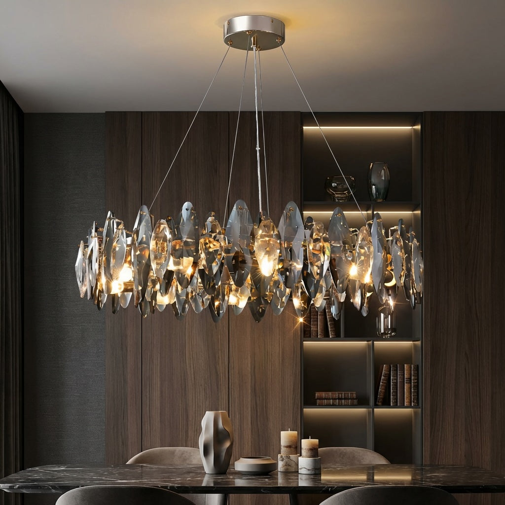 Modern Round Chandelier Light Adjustable Hanging K9 Crystal Iron Frame LED 3000K for Living Room Dining Room | ribuella