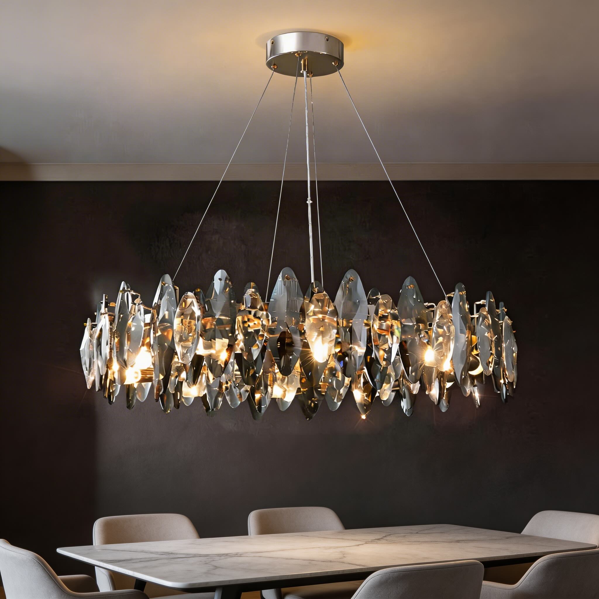 Modern Round Chandelier Light Adjustable Hanging K9 Crystal Iron Frame LED 3000K for Living Room Dining Room | ribuella