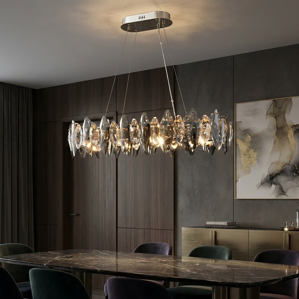 Modern Round Chandelier Light Adjustable Hanging K9 Crystal Iron Frame LED 3000K for Living Room Dining Room | ribuella