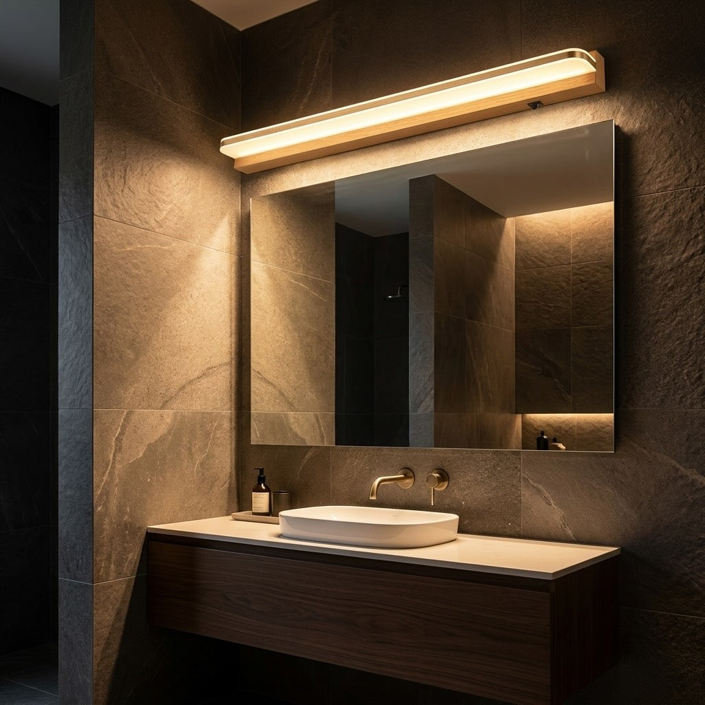 Moderne LED-Badezimmer-Spiegelleuchte zur Wandmontage mit polierter Eisenblende und stimmungsvollem Licht | ribuella