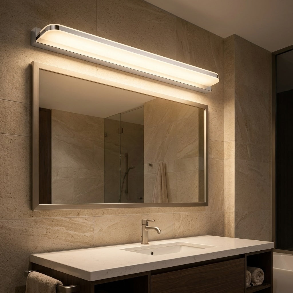 Moderne LED-Badezimmer-Spiegelleuchte zur Wandmontage mit polierter Eisenblende und stimmungsvollem Licht | ribuella
