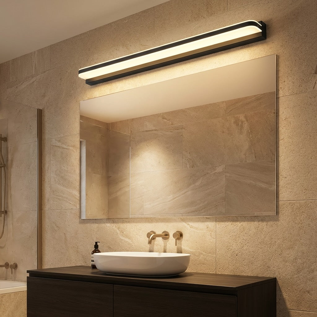 Moderne LED-Badezimmer-Spiegelleuchte zur Wandmontage mit polierter Eisenblende und stimmungsvollem Licht | ribuella