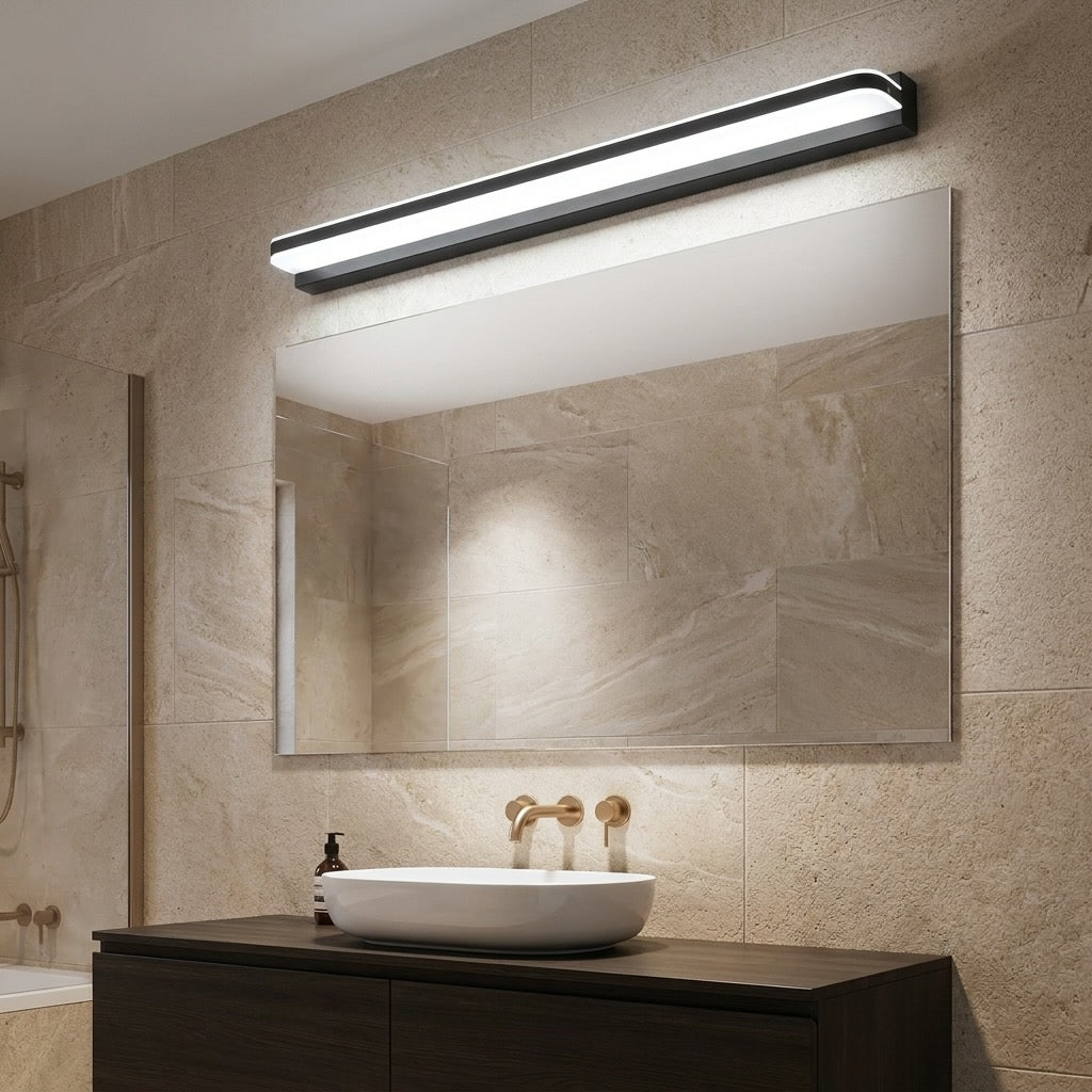 Moderne LED-Badezimmer-Spiegelleuchte zur Wandmontage mit polierter Eisenblende und stimmungsvollem Licht | ribuella