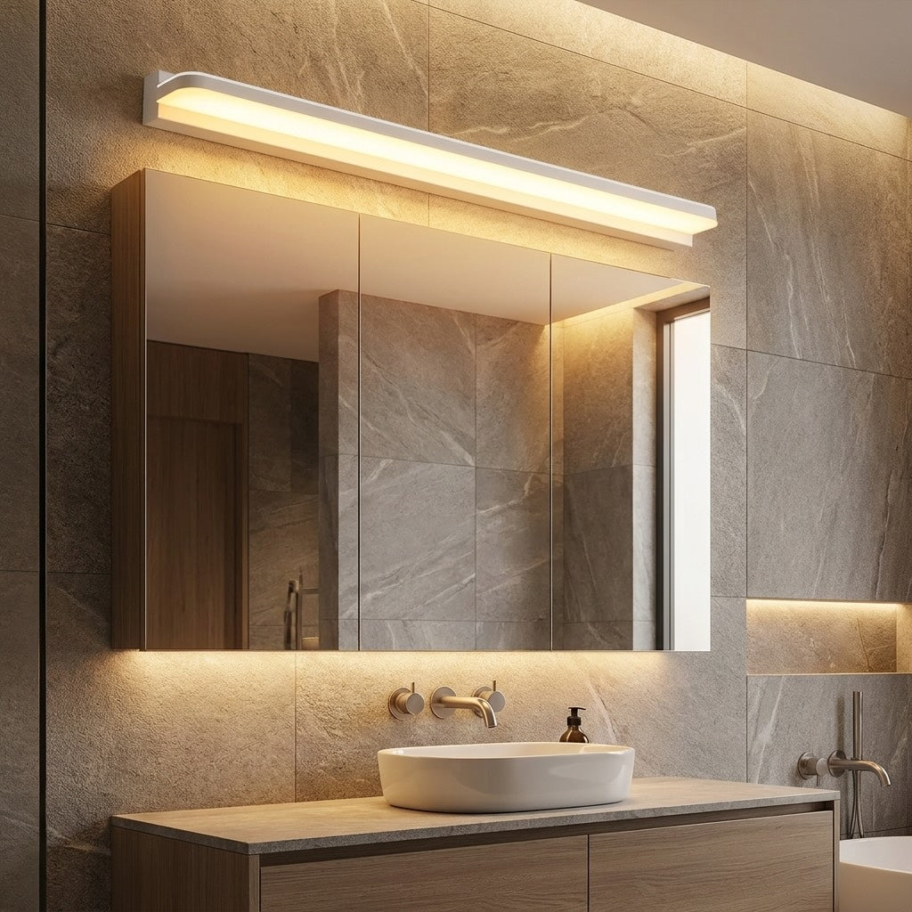 Moderne LED-Badezimmer-Spiegelleuchte zur Wandmontage mit polierter Eisenblende und stimmungsvollem Licht | ribuella