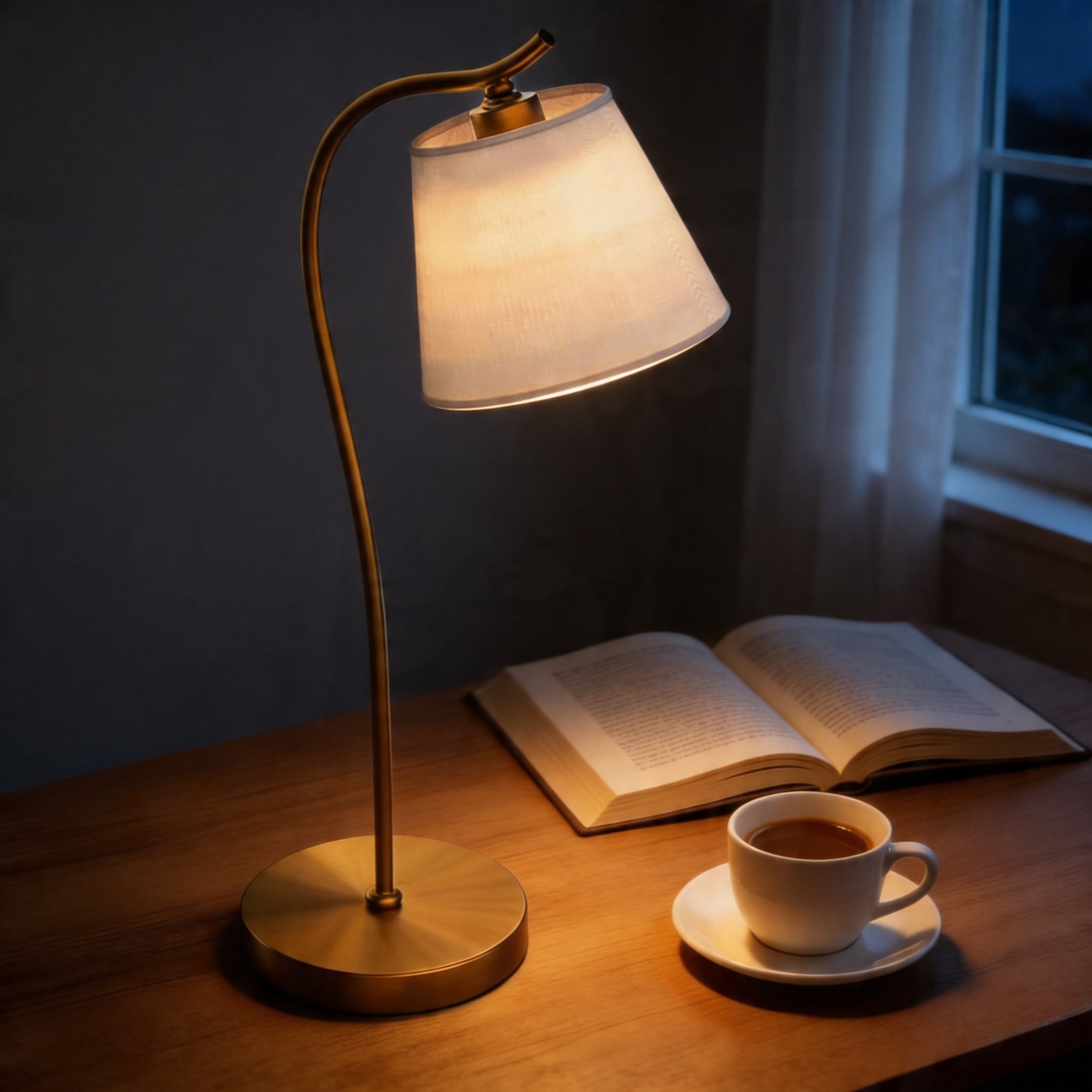 Moderní stolní lampa s nastavitelným husím krkem, kovovou základnou, měkkým látkovým stínidlem a LED žárovkou pro osvětlení domácí kanceláře | ribuella