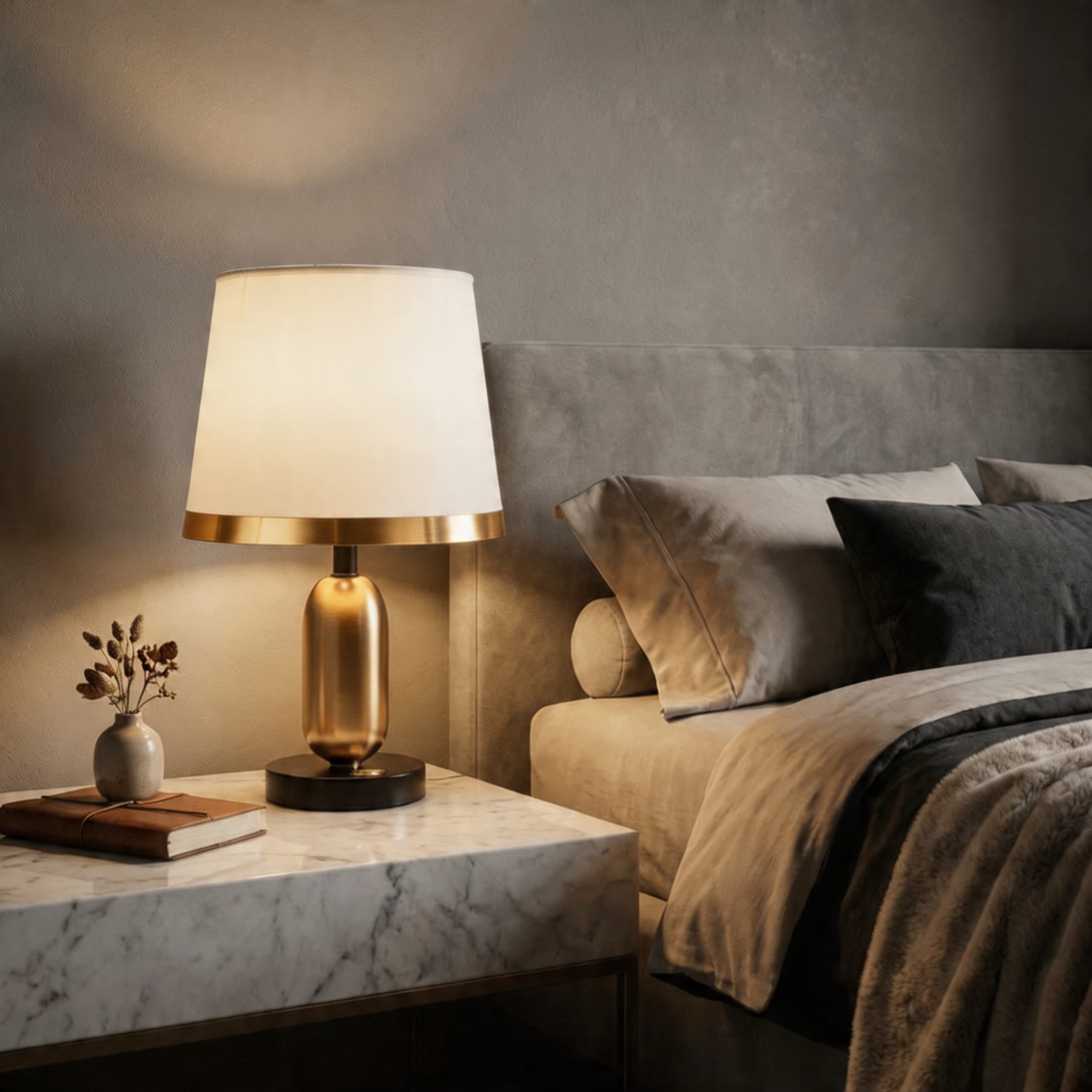 Messing-Tischleuchte im Mid-Century-Stil mit Stoffschirm, Touch-Bedienung und verstellbarer LED-Beleuchtung für Nachttisch oder Schreibtisch | ribuella