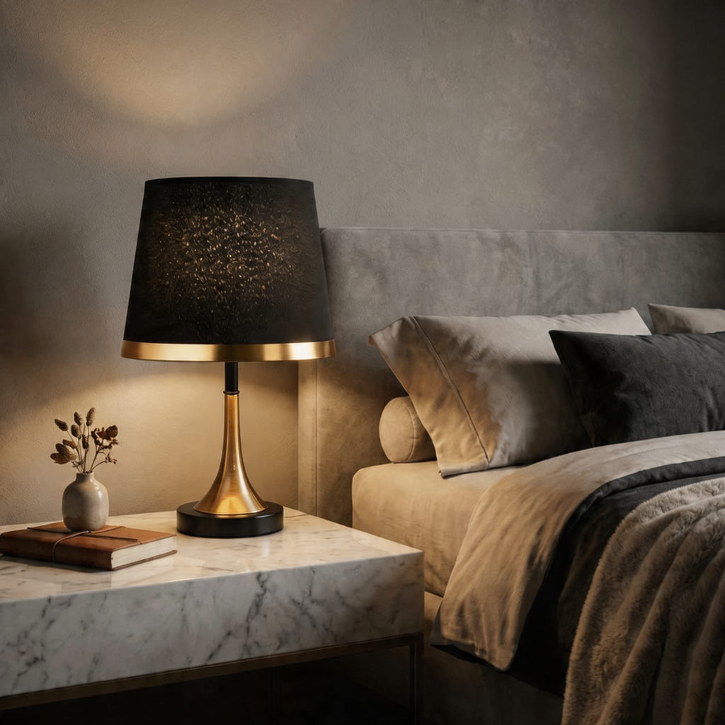 Messing-Tischleuchte im Mid-Century-Stil mit Stoffschirm, Touch-Bedienung und verstellbarer LED-Beleuchtung für Nachttisch oder Schreibtisch | ribuella