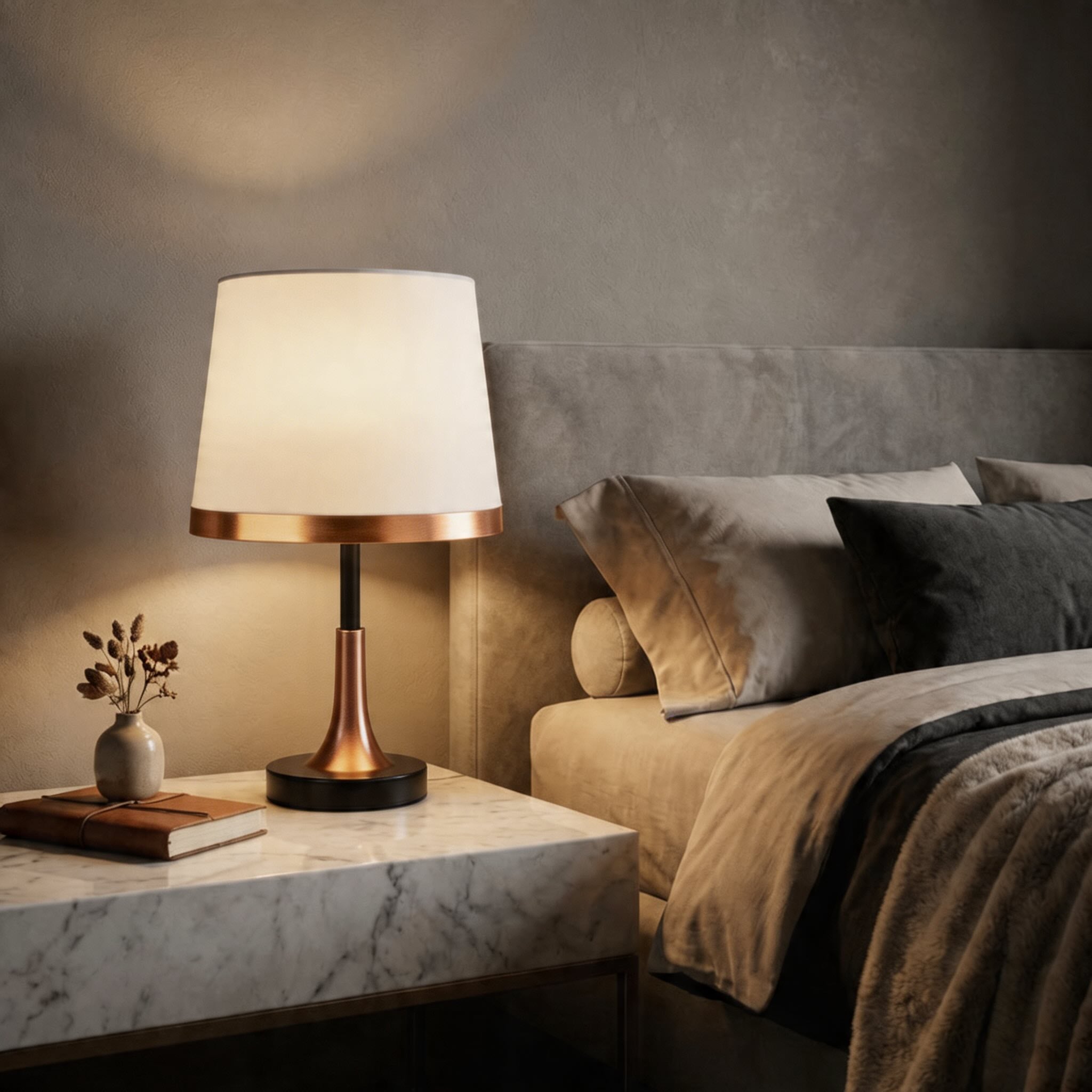 Messing-Tischleuchte im Mid-Century-Stil mit Stoffschirm, Touch-Bedienung und verstellbarer LED-Beleuchtung für Nachttisch oder Schreibtisch | ribuella