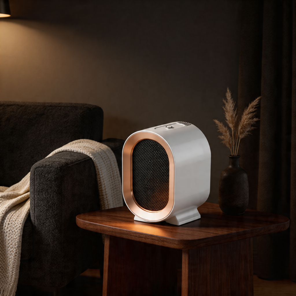 Bærbar elektrisk varmeovn med kompakt design, justerbar effekt og PTC-varmeteknologi, 800–1200 W | ribuella