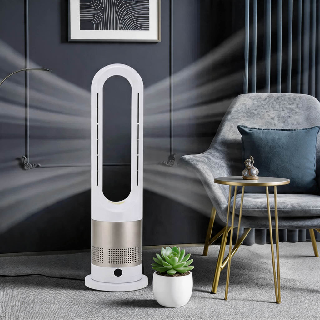 Bladeless Tower Fan Heater with Remote Control Adjustable Speed Stainless Steel for Year-Round Comfort | ribuella