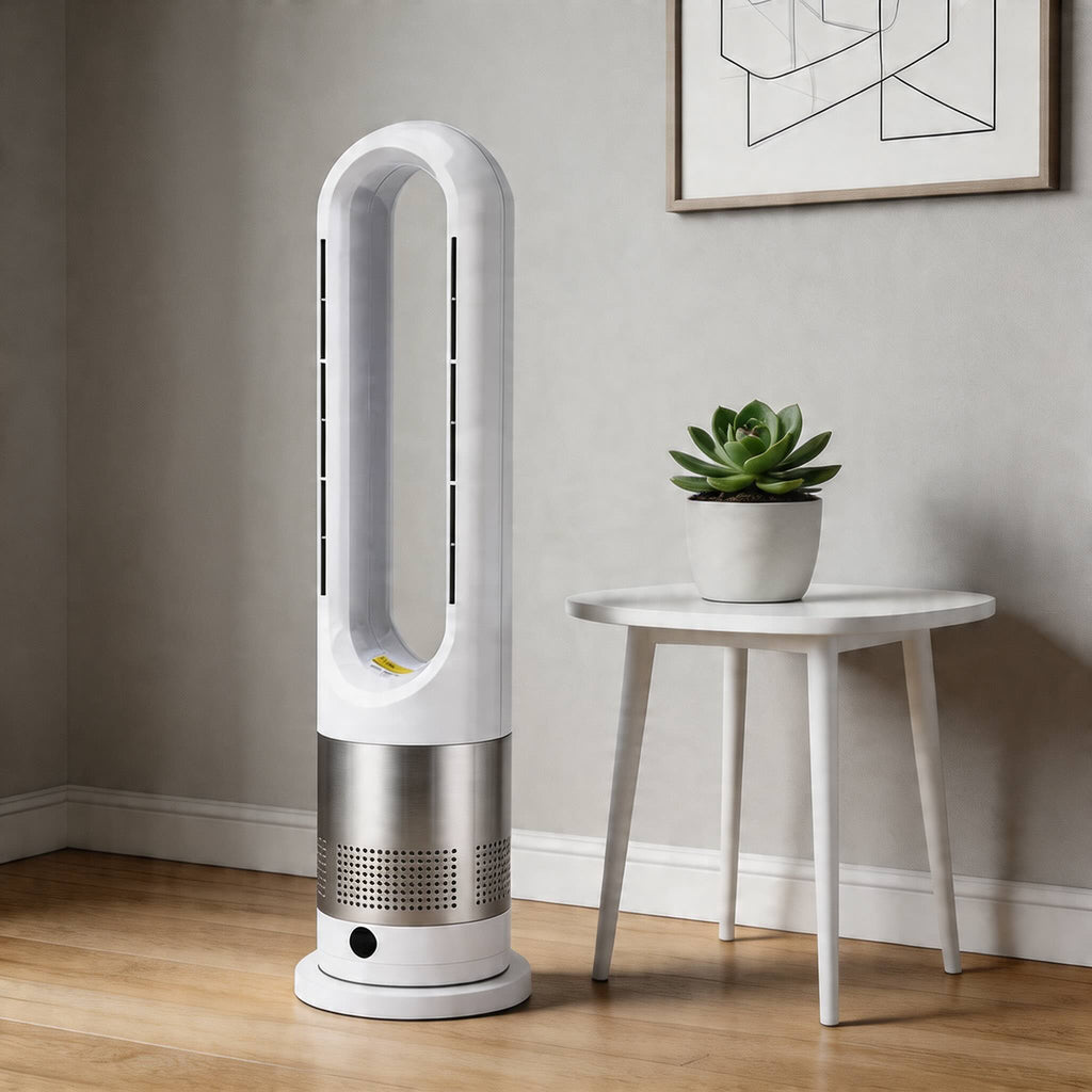 Bladeless Tower Fan Heater with Remote Control Adjustable Speed Stainless Steel for Year-Round Comfort | ribuella
