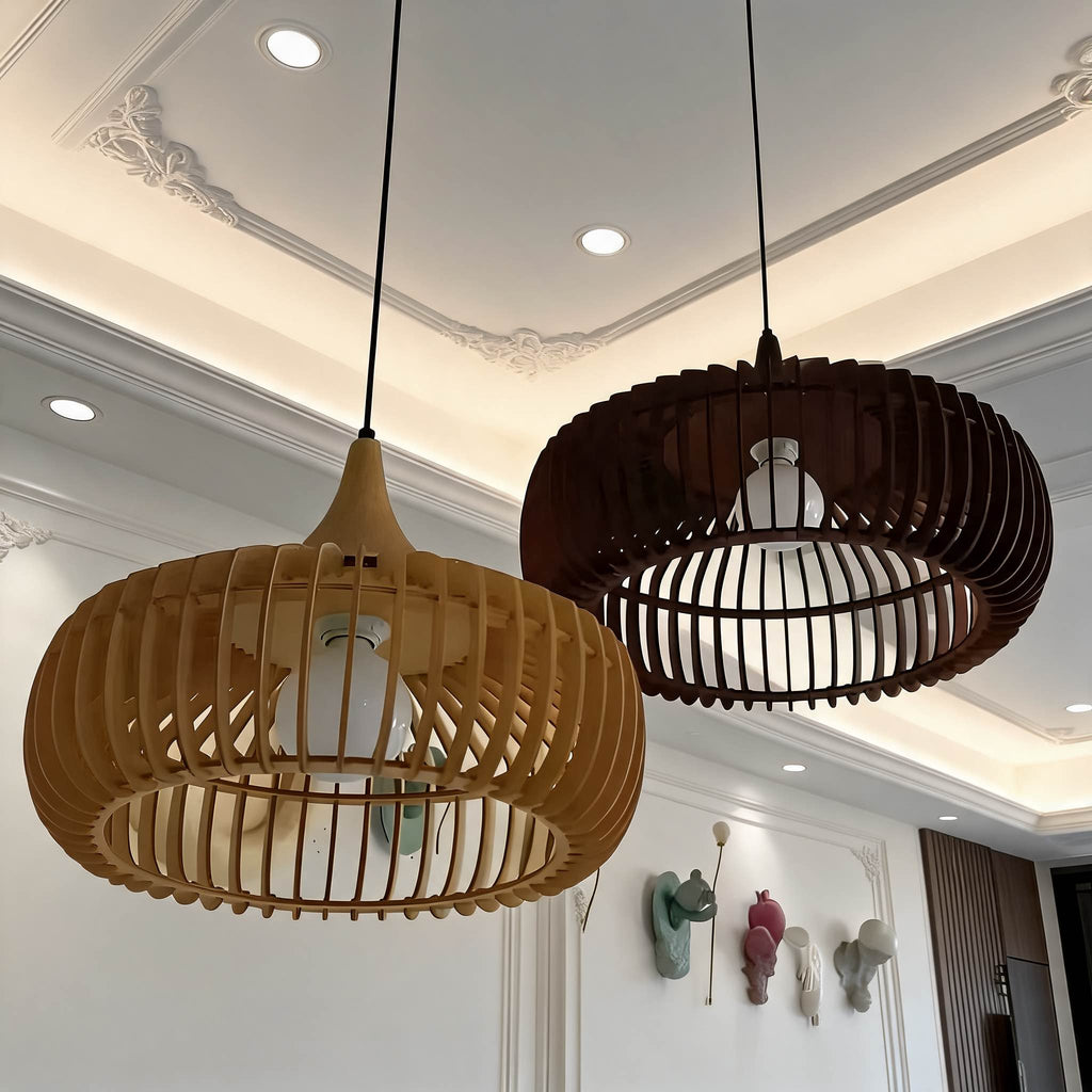 Skandinavisk pendellampe i træ til loftet, moderne minimalistisk design, LED-kompatibel | ribuella