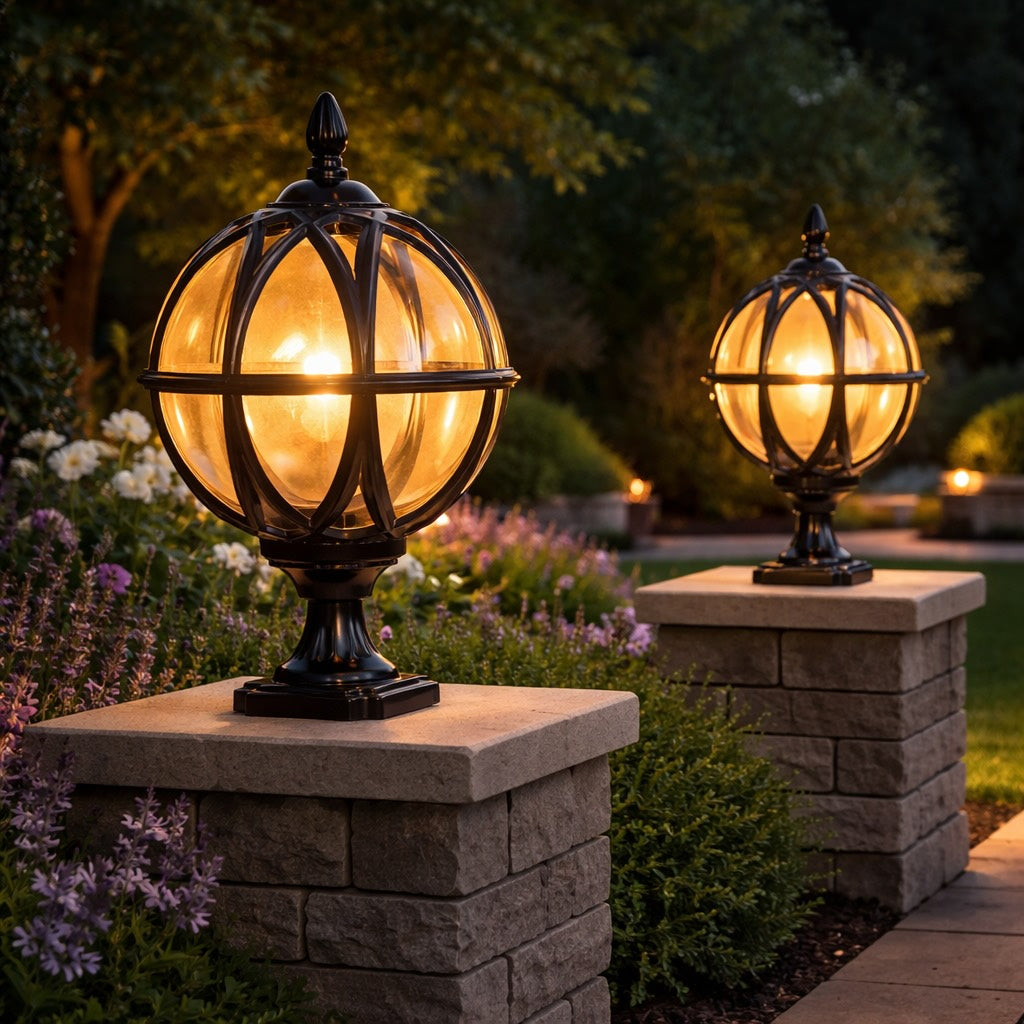 Modern Round Globe Outdoor Fence Post Light Waterproof Aluminum and Glass Adjustable Height | ribuella
