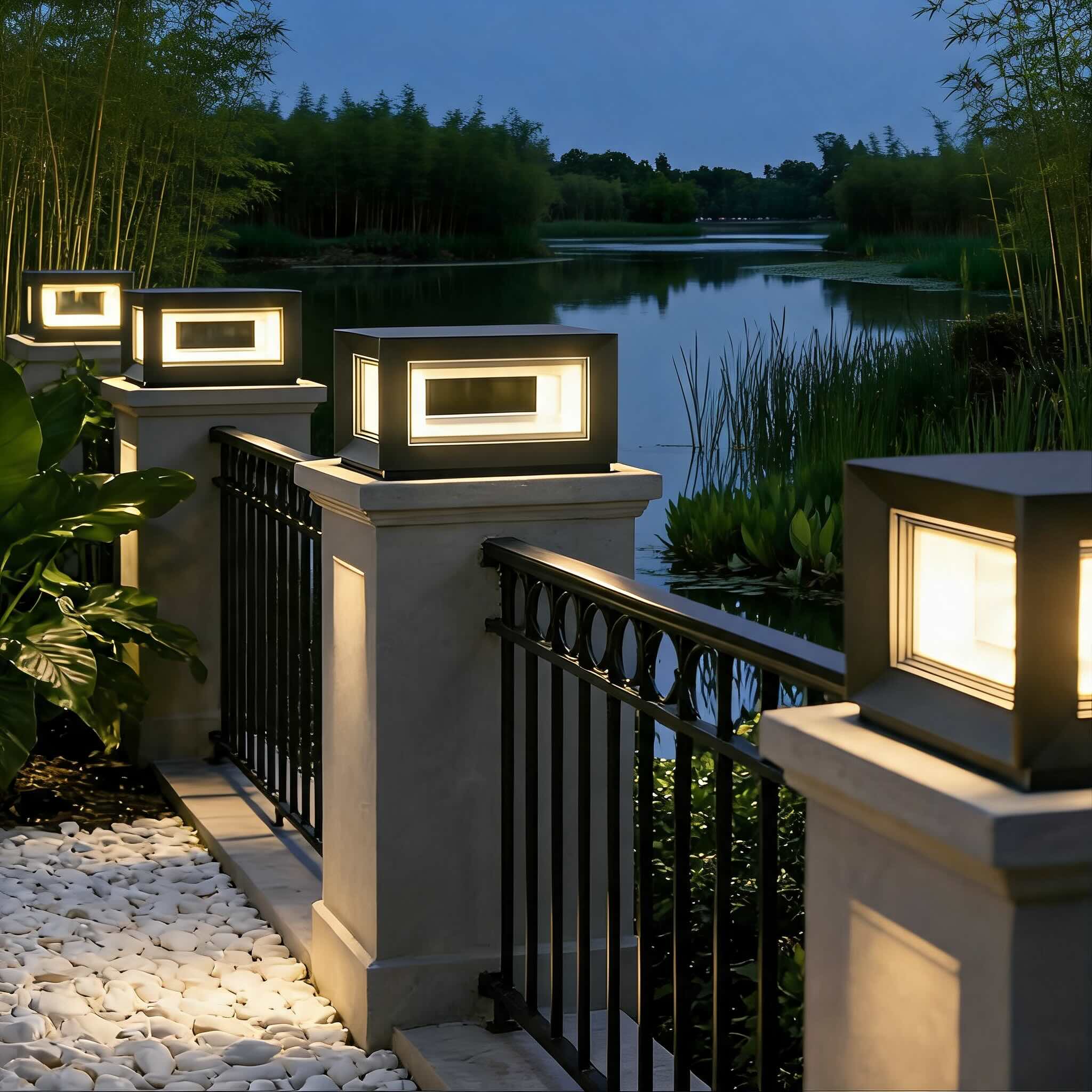 Modern Outdoor Post Light Rectangular Stainless Steel Waterproof LED Solar Hardwired | ribuella
