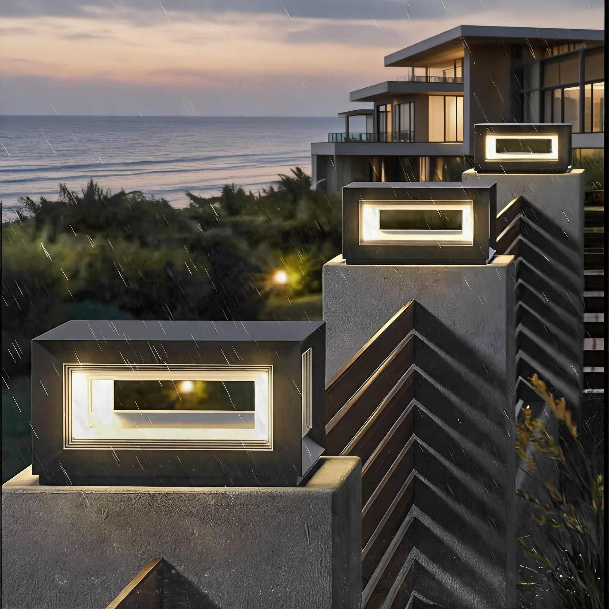 Modern Outdoor Post Light Rectangular Stainless Steel Waterproof LED Solar Hardwired | ribuella