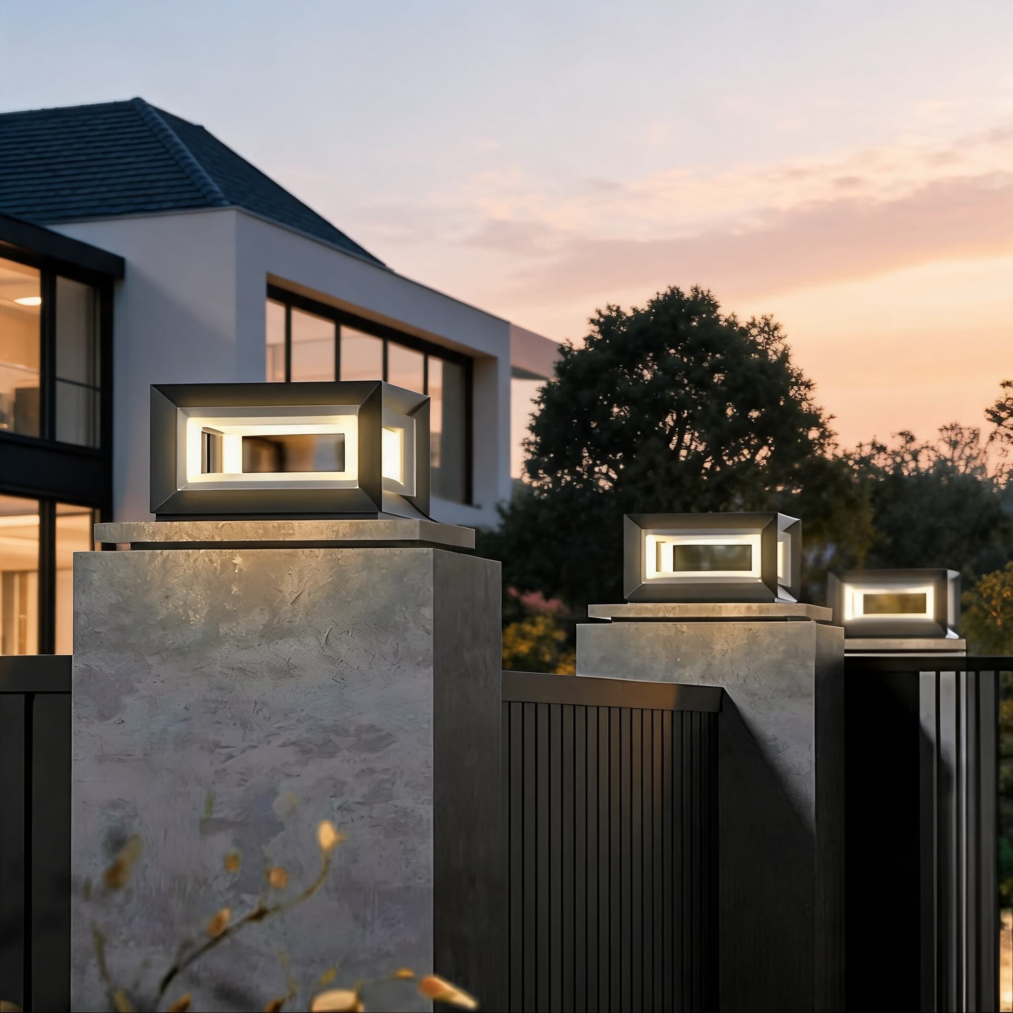 Modern Outdoor Post Light Rectangular Stainless Steel Waterproof LED Solar Hardwired | ribuella