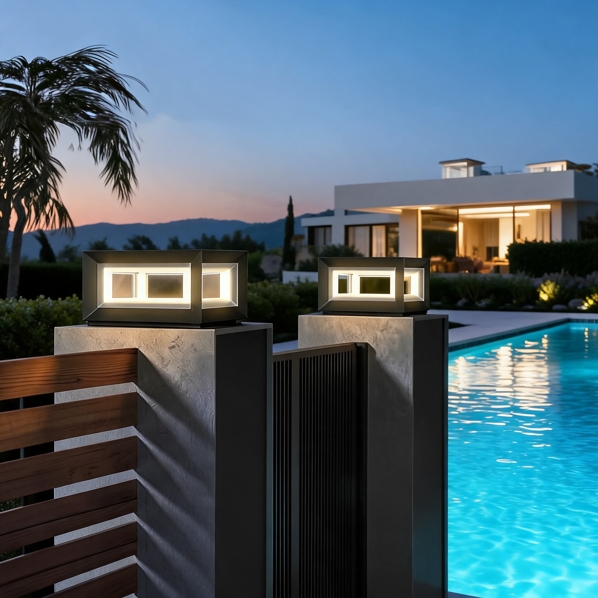 Modern Outdoor Post Light Rectangular Stainless Steel Waterproof LED Solar Hardwired | ribuella