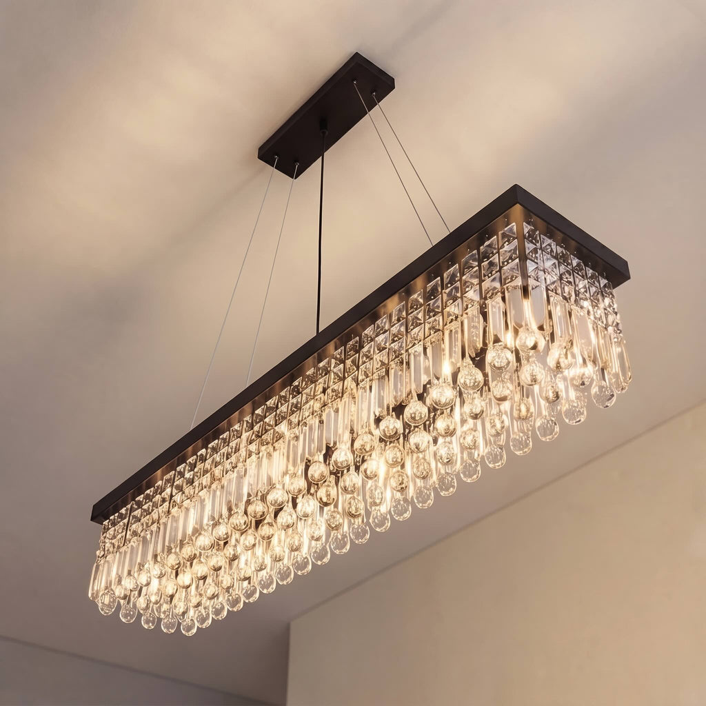Modern Black Chandelier with Adjustable Height K9 Crystal and Metal Frame for Dining Room | ribuella
