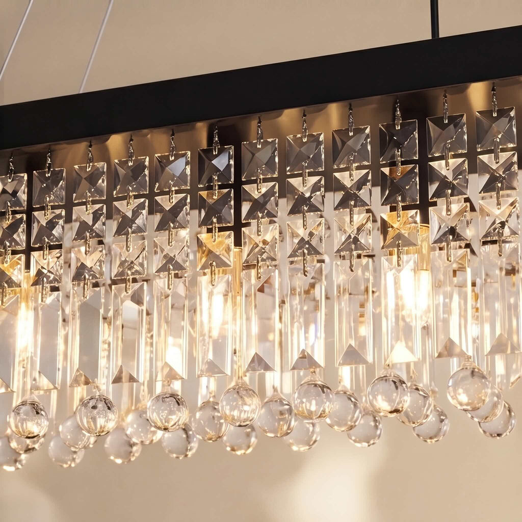 Modern Black Chandelier with Adjustable Height K9 Crystal and Metal Frame for Dining Room | ribuella