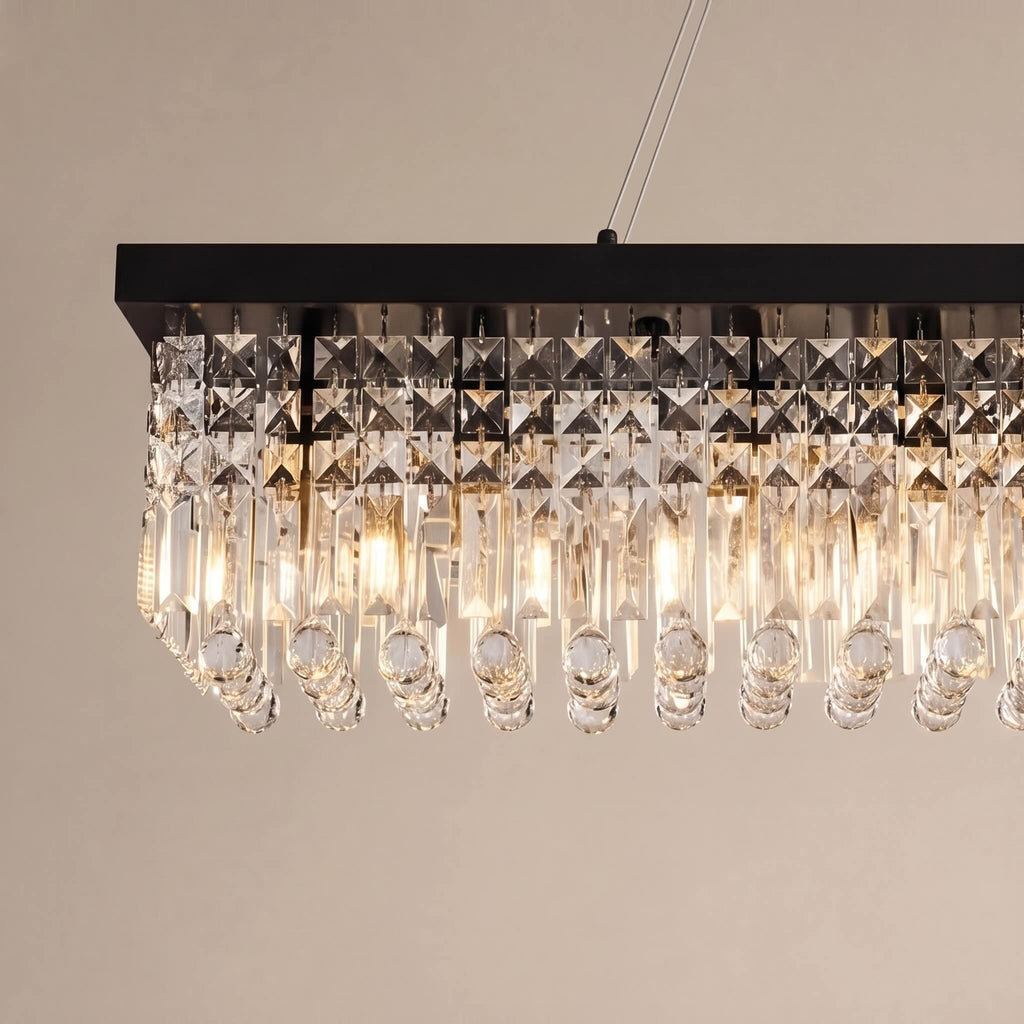 Modern Black Chandelier with Adjustable Height K9 Crystal and Metal Frame for Dining Room | ribuella
